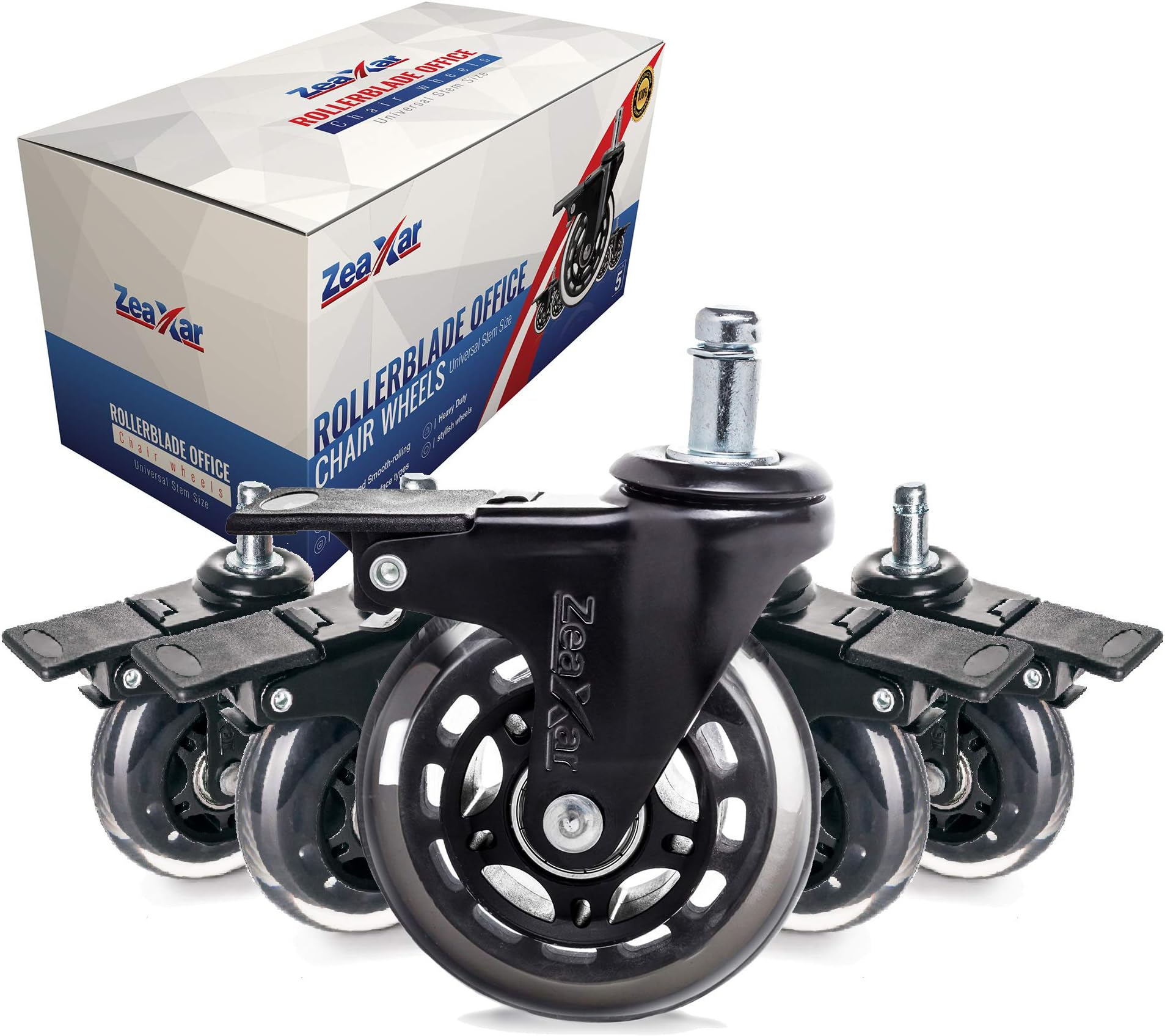 ZEAXAR Caster Wheels with Brakes - 5 Pieces 3" Locking Office Chair Wheels - Quiet Rollerblade Style PU Rubber Heavy Duty Wheels - Work on Hardwood & Tile Floors & LOW PILE CARPET- NOT FOR