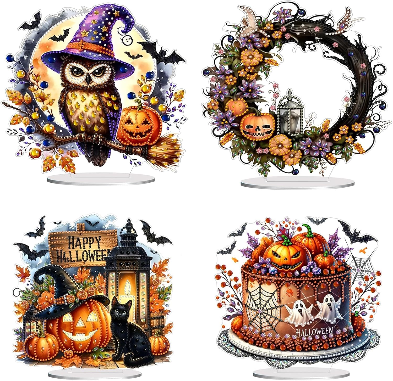 ARTopet 4Pcs DIY Diamond Desktop Ornaments Halloween Diamond Art Full Round Drill Paint by Numbers Mosaic Kits Tabletop Ornaments Single Sided Diamond Design Home Decor