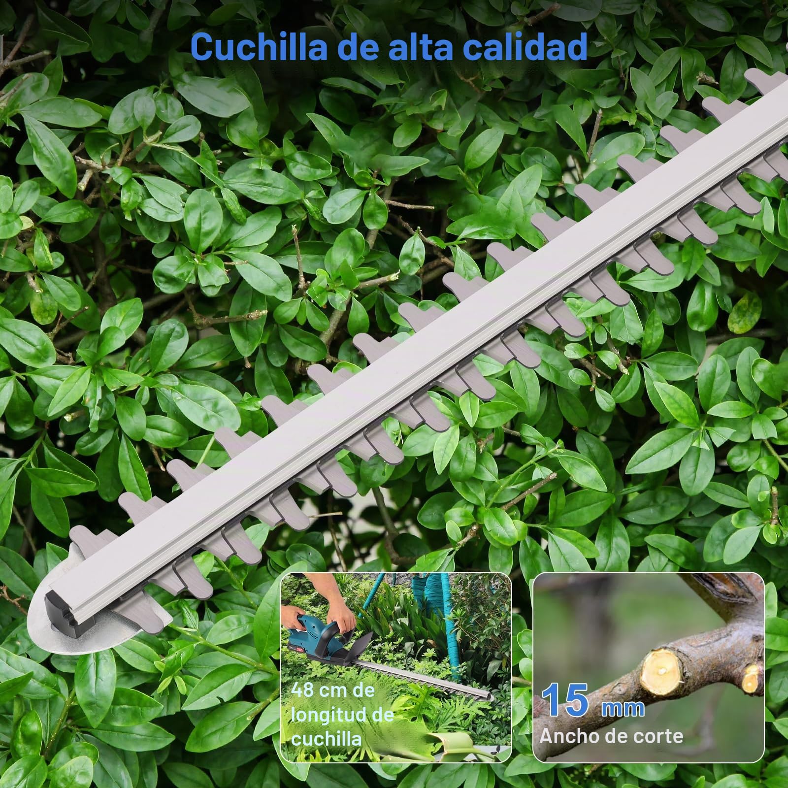 Cortasetos Bateria,Corta Setos Jardin Electrico con 2x2000 mAh Batería,Motor sin Escobillas, Longitud de Cuchilla de 48 cm, Velocidad de 3000 RPM, Apto para Desherbar, Podar Arboles y Arbustos
