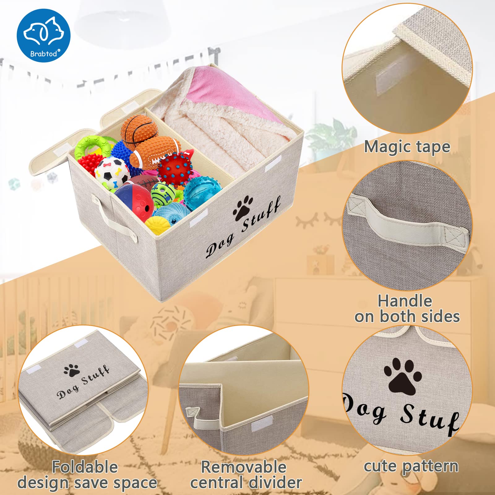 Caja grande de almacenamiento de juguetes para perros, cesta de almacenamiento de lona con tapa, contenedor plegable de lino, ideal para organizar juguetes de perros y gatos y cosas de