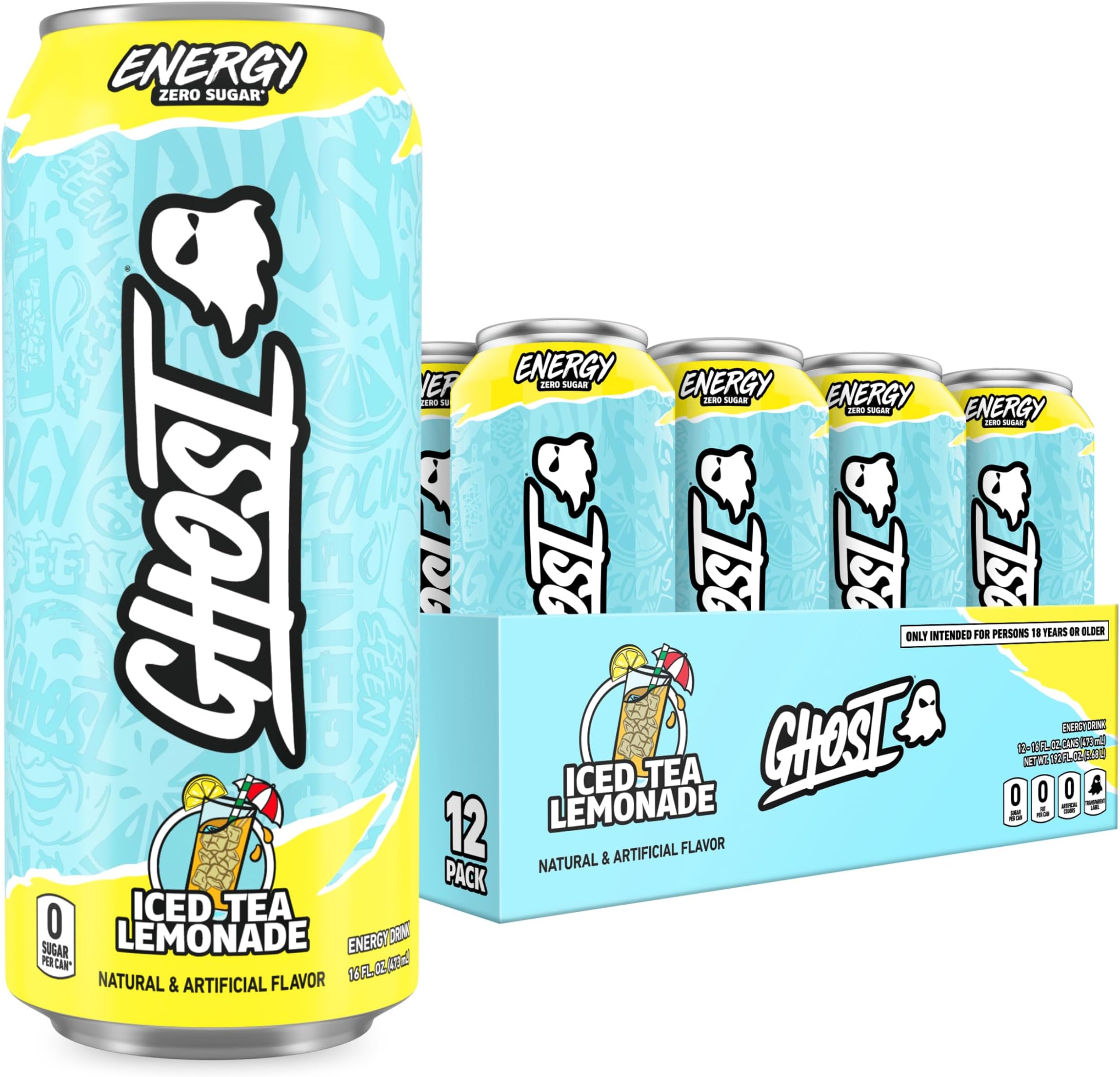 GHOST Energy Drink - 12-Pack, Iced Tea Lemonade, 16oz - Energy & Focus & No Artificial Colors - 200mg of Natural Caffeine, L-Carnitine & Taurine - Gluten-Free & Vegan