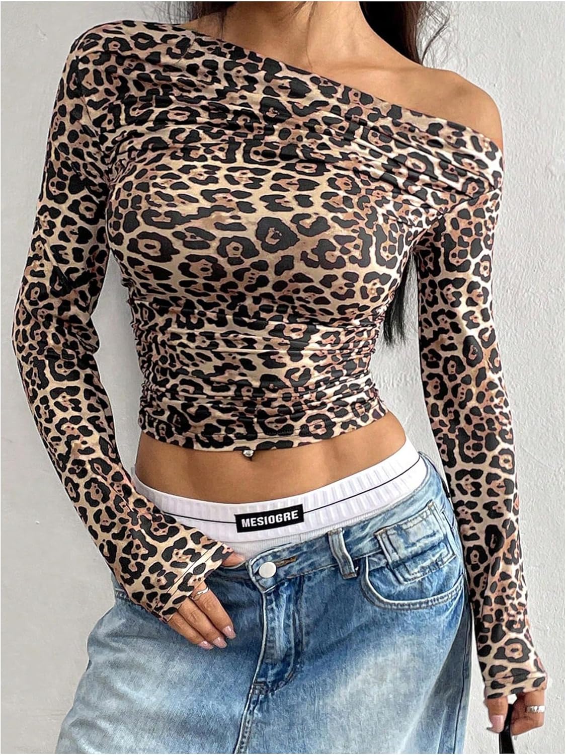 Floerns Women's Leopard Print Asymmetrical Neck Crop Tops Ruched Long Sleeve Tee Shirts - Image 3