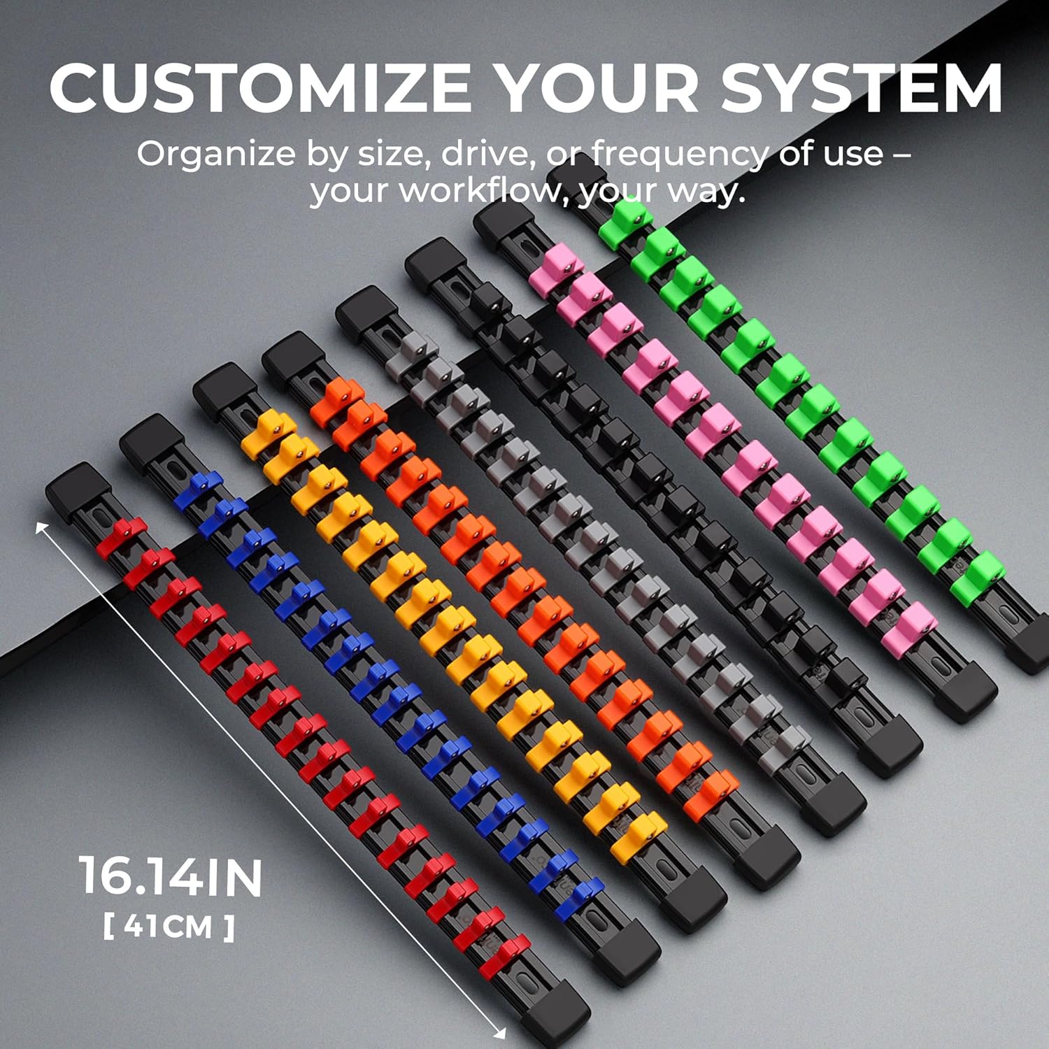 Reniteco 18-Piece Socket Organizer Set - 1/4-Inch x 96 Clips, 3/8-Inch x 90 Clips, 1/2-Inch x 72 Clips, Heavy Duty ABS Socket Holder, Premium Quality Socket Clip Rail Holder for Tool Box Drawer