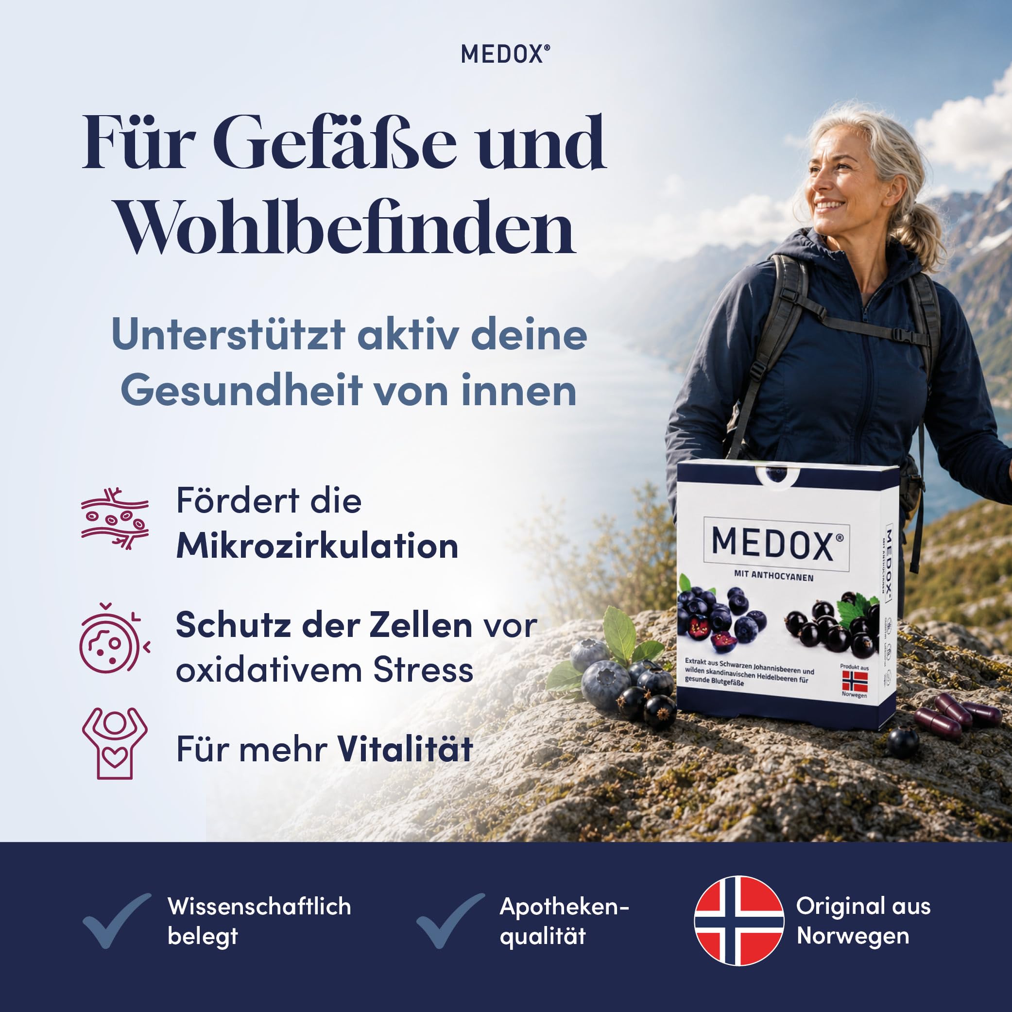MEDOX Klassisch Anthocyane Kapseln, 30 Kapseln | Wilde Heidelbeeren & Schwarze Johannisbeeren, 60 mg standardisierte Anthocyane, 17 Anthocyane, Gefäße & Venen, vegan
