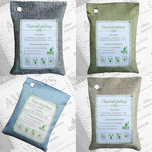 Miniatura 6 de Bolsas de carbón de bambú absorbentes de olores, 2 paquetes de 7.05 oz de bolsas desodorantes de carbón con ganchos, bolsas purificadoras de aire de