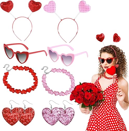 Paquete de 8 diademas de corazón para el día de San Valentín, accesorios para el cabello, lentes de corazón rojo y rosa, collares, aretes para