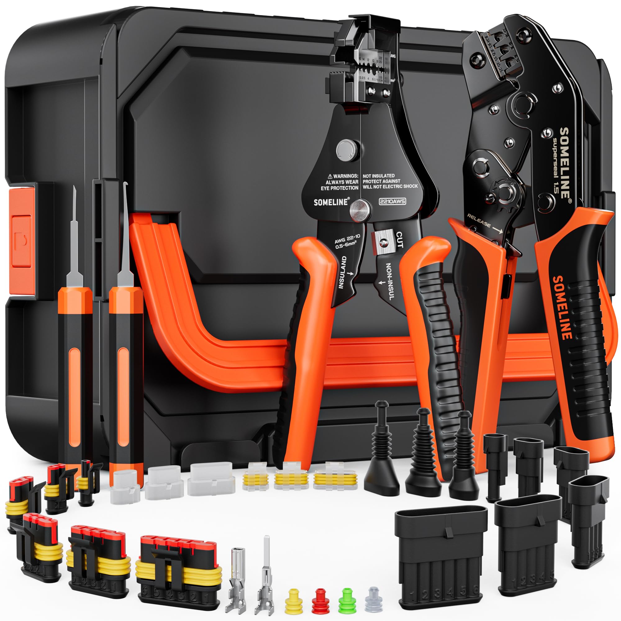 SOMELINE Crimpadora y Kit Conectores Eléctricos Estancos 1-6 Pines, 0,34-2,5mm² (AWG 22-14), Compatible Superseal 1.5, con Pelacables y Herramienta de Extracción, para Coche Moto Barco Camión