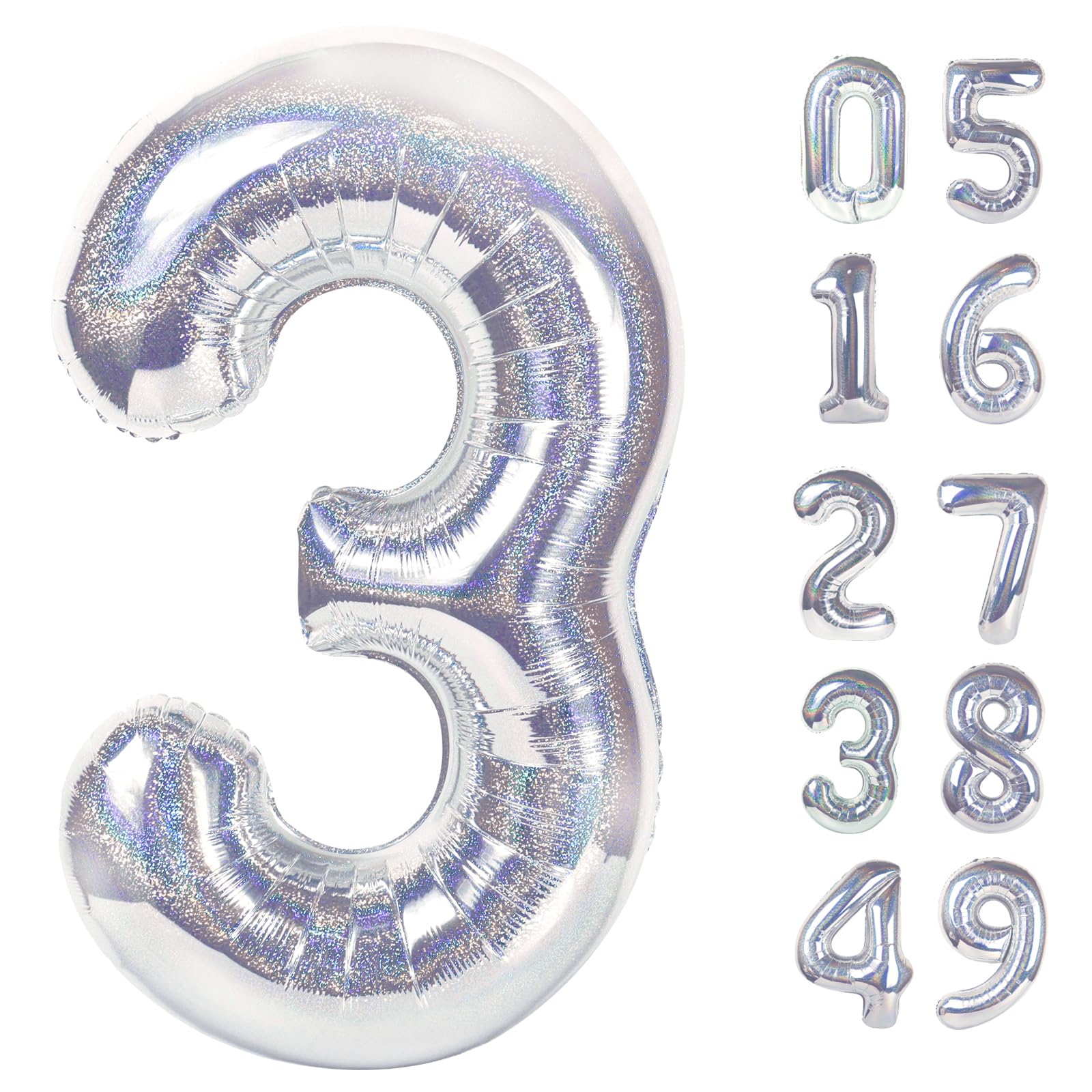 IWERP Laser Silver 3 Balloon, 40 Inch Number Balloon for 3rd Birthday Decorations | USA-Sourced Party Supplies - main product image
