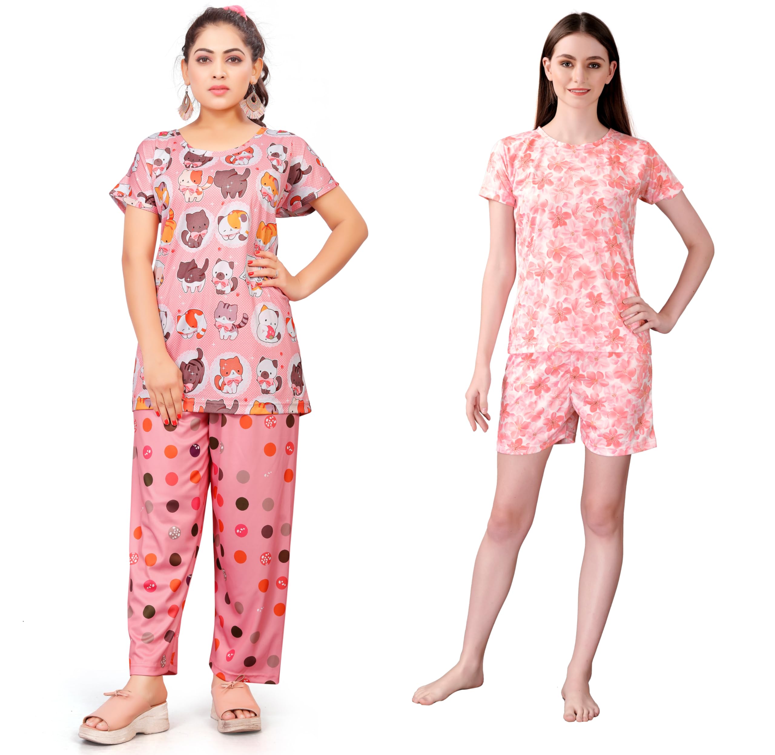 Vivaro Polyester Printed Solid Regular Top Short Sleeves Round Neck Everyday Latest Night Dress Combo for Womens Multicolor | T-Set 03 & FNC 04