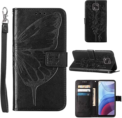 Miniatura 1 de Funda compatible con Moto G Power 2021, función atril, correa de muñeca, ranuras para tarjetero, diseño floral de mariposa en relieve, funda