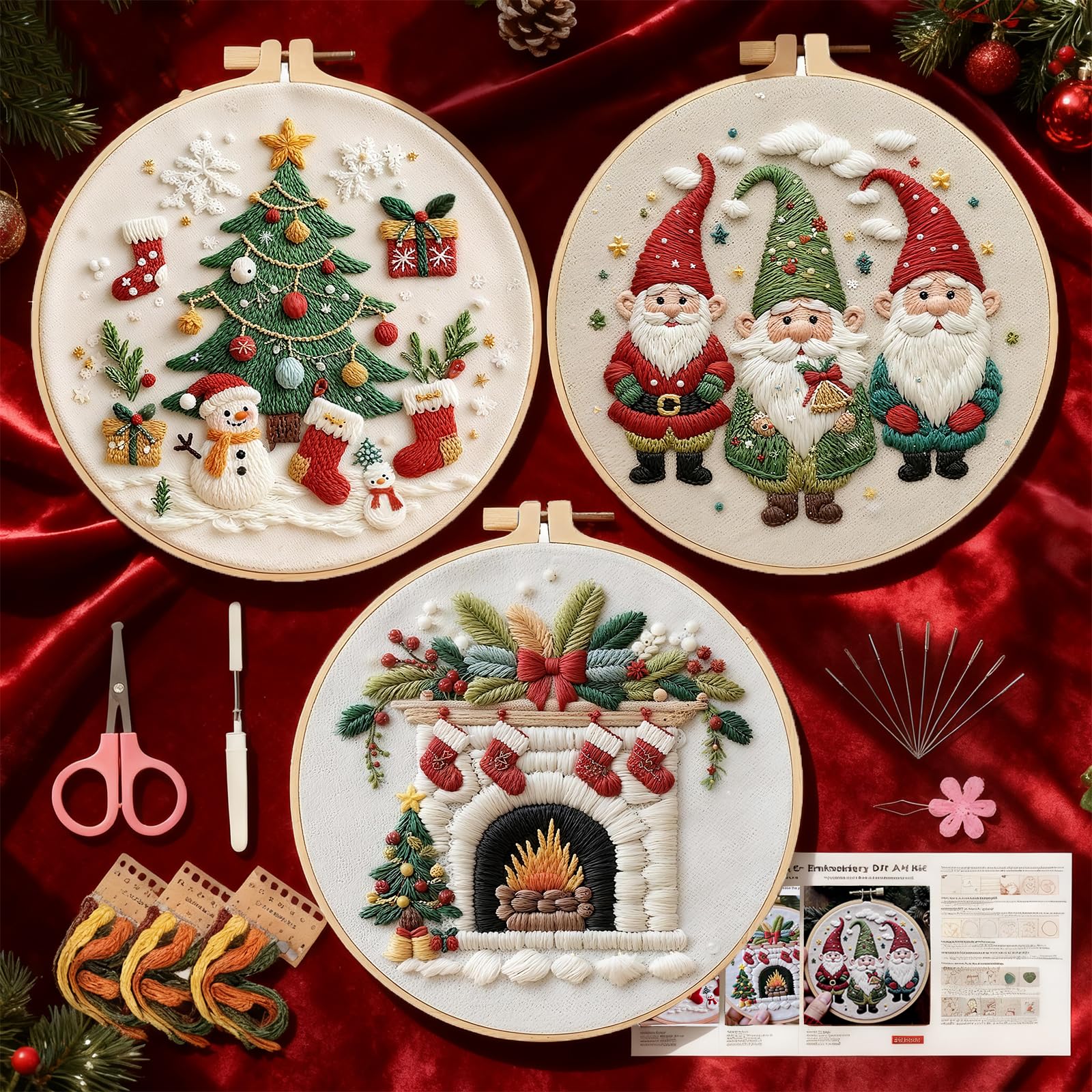Kenmohuo Christmas Embroidery Cross Stitch Kits, 3pcs Needlepoint Kit Crafts for Adults, Christmas Crewel Embroidery Patterns Kits for Beginners with Pattern, Needles, Threads, Tools