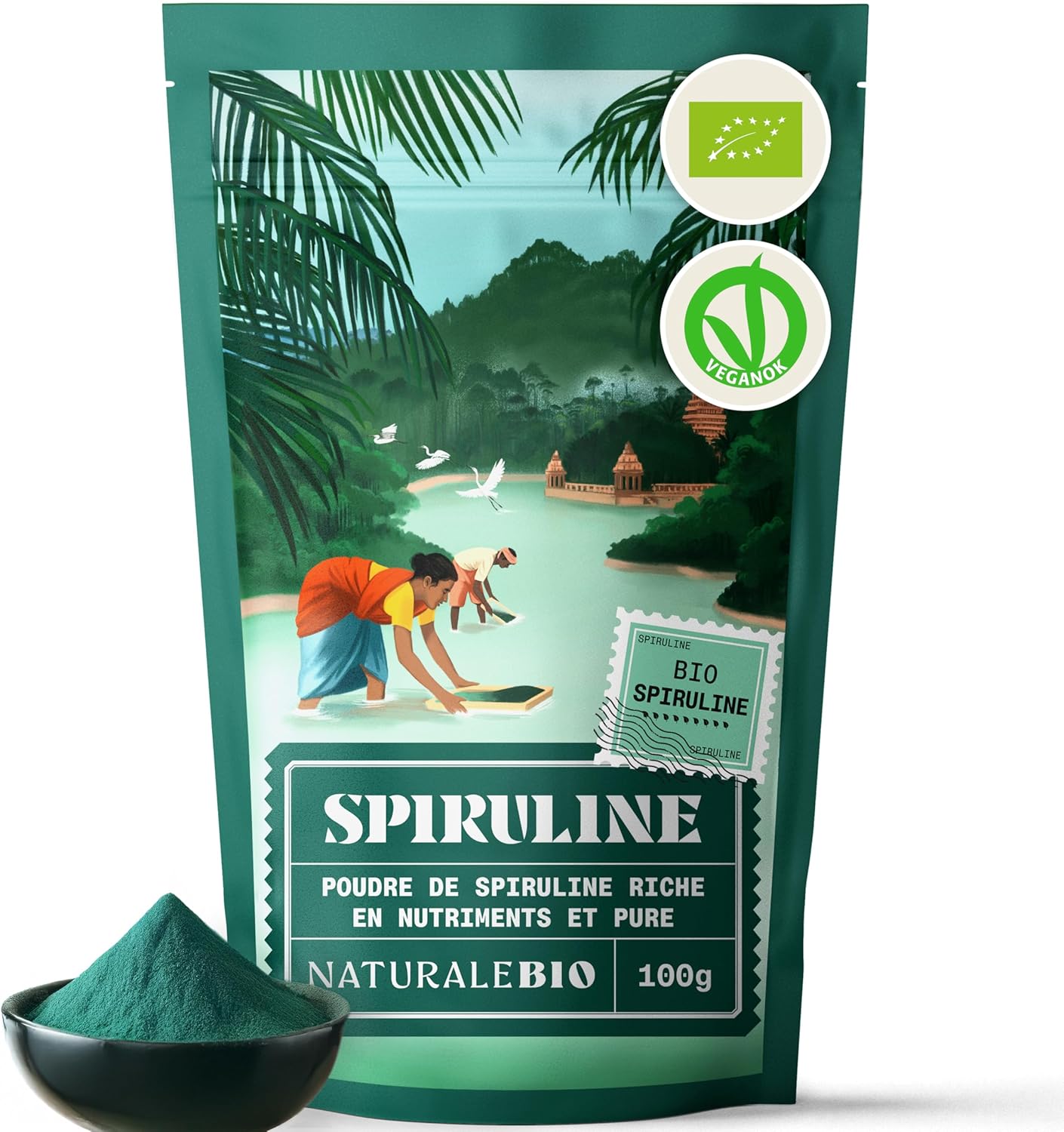 NaturaleBio Organic Spirulina Algae Powder 100 g. Natural and Pure, Grown in tropical regions. Ideal in drinks and smoothies or recipes. Suitable for vegetarian and vegan diets.