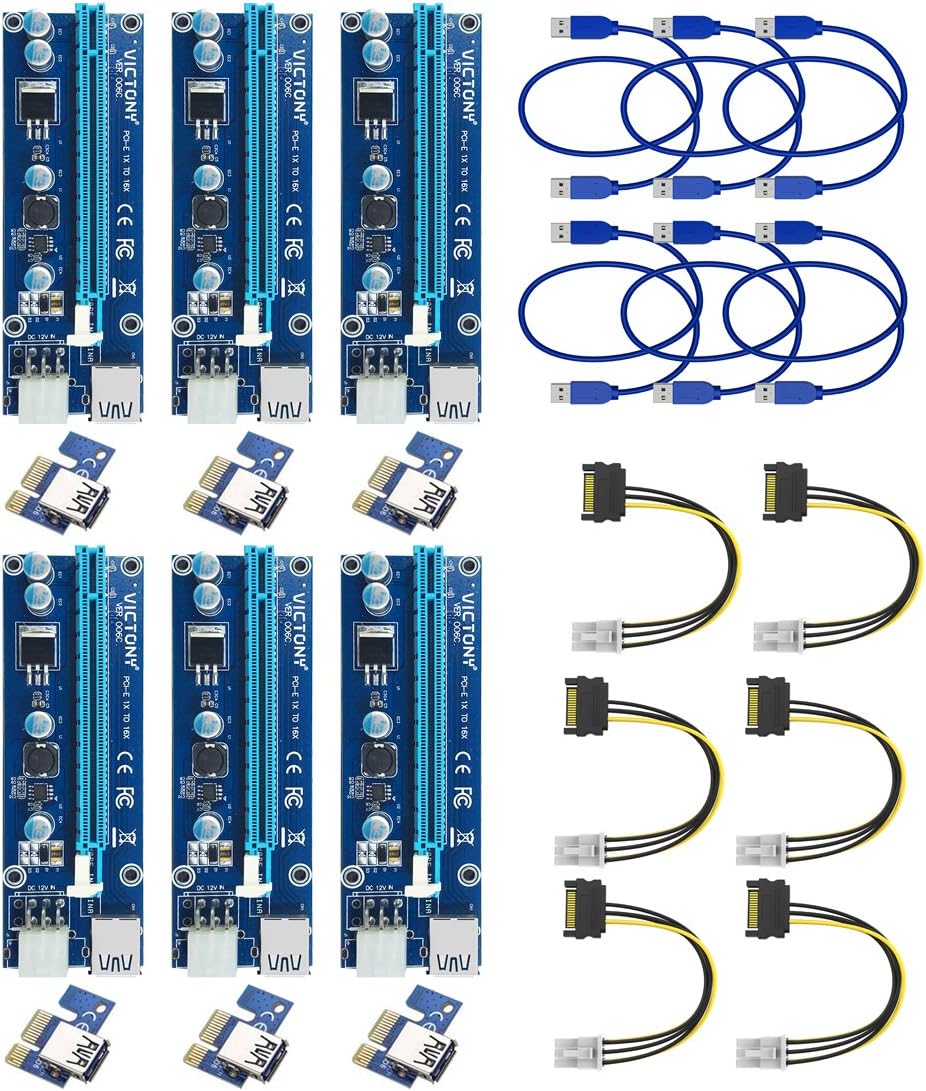 VICTONY 6 Pack 6 Pin PCI-E 1x to 16x Powered Riser Adapter Card w/ 60cm USB 3.0 Extension Cable & 6 Pin PCI-E
