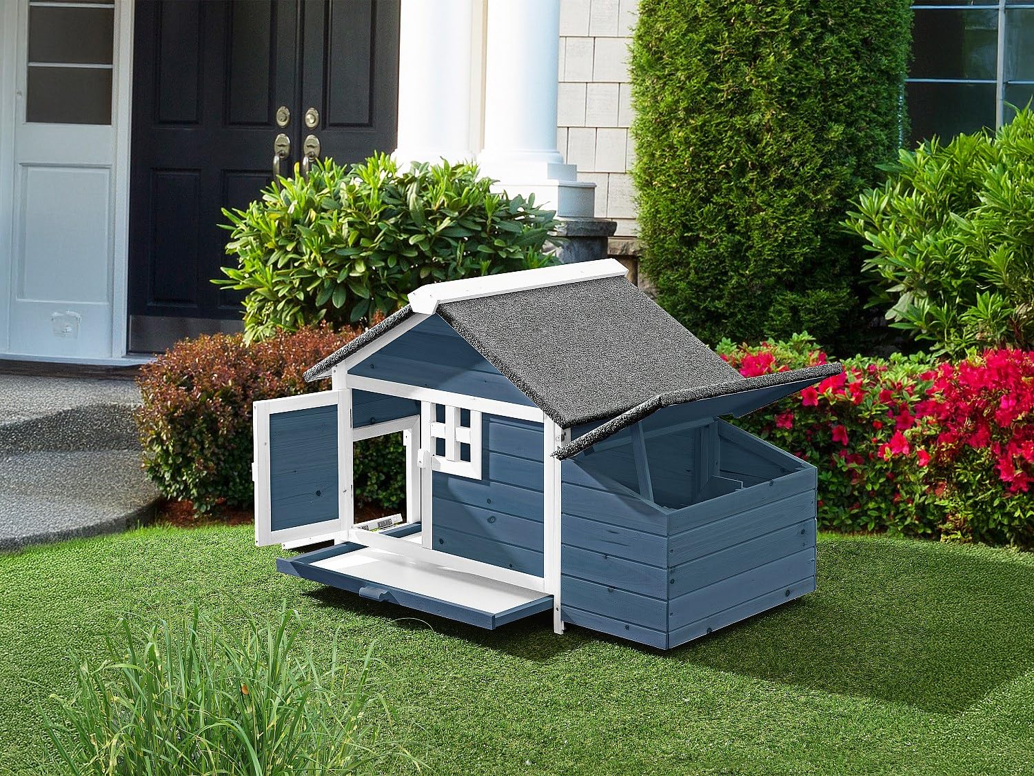 Vente-unique - Poulailler en Bois avec pondoir - 2 Poules - L. 106 x P. 64 x H.71 cm - Bleu et Blanc - ANSER