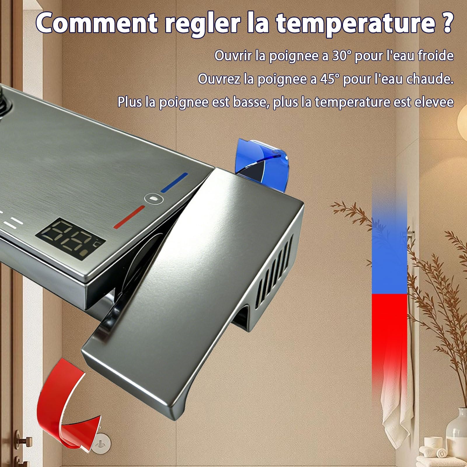 Colonne de Douche Thermostatique Titanium 4 en 1 | Colonne de Douche avec Mitigeur | Écran LED | Effet Pluie 30cm | Hauteur Réglable 83-110cm, pour Baignoire et Salle de Bain