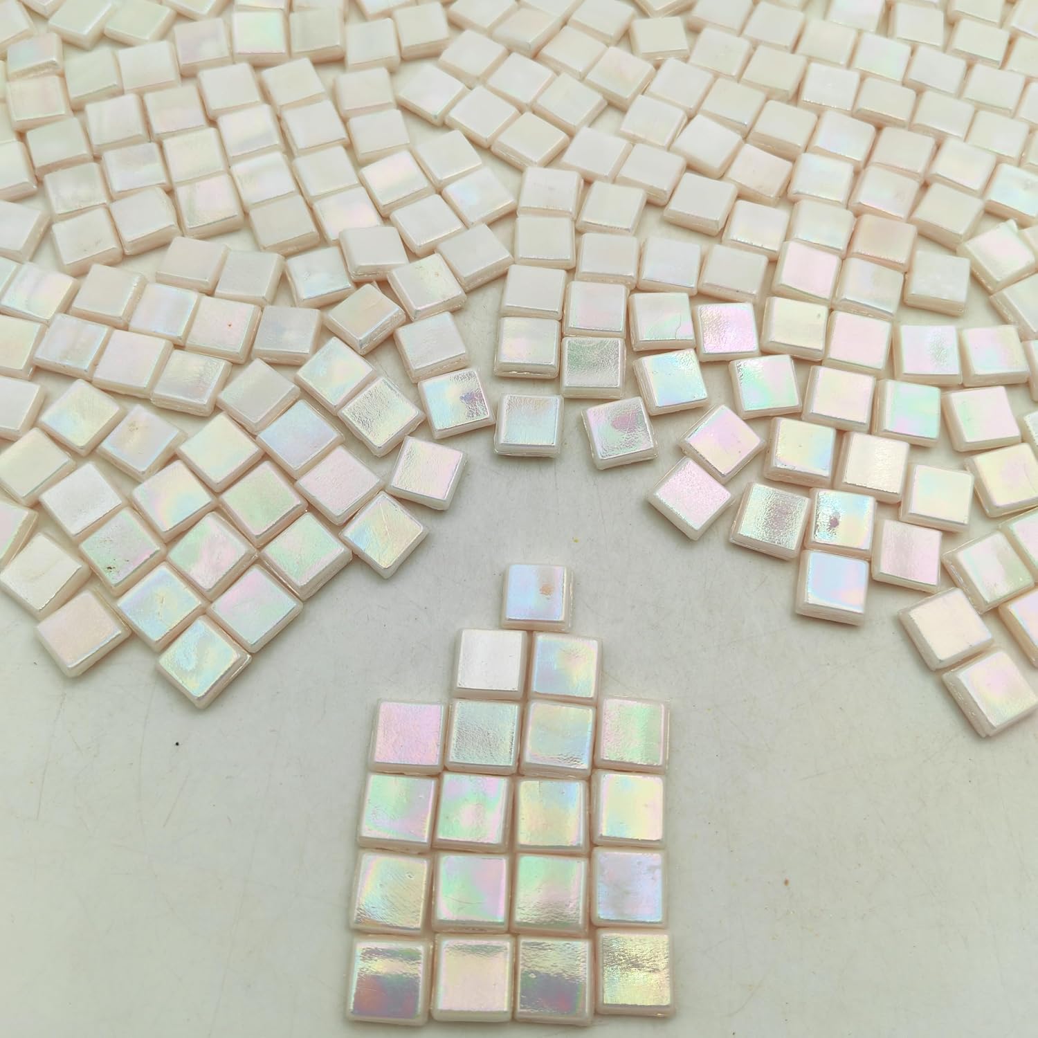 500g/1.1LB Iridescent Ice Jade Glass Mosaic Tiles, 560 Pieces, 2/5 Inch Square Stained Mosaic Tiles for DIY Crafts, Home/Outdoor Mosaic Decoration (Beige-IA87)