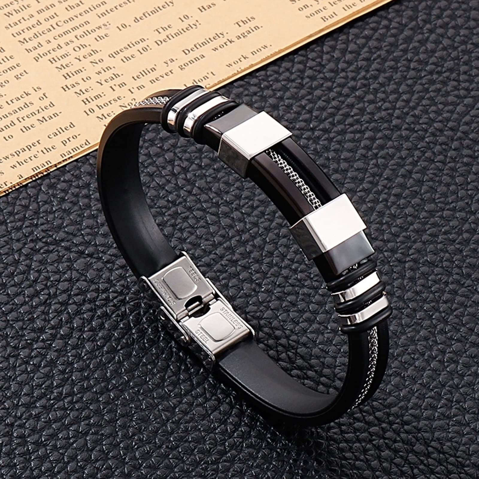 Herren-Kettenarmband aus Edelstahl, Silikonarmbänder für Männer, schwarzes Silikonarmband, 21 cm Länge, Biker-Schmuck für Männer
