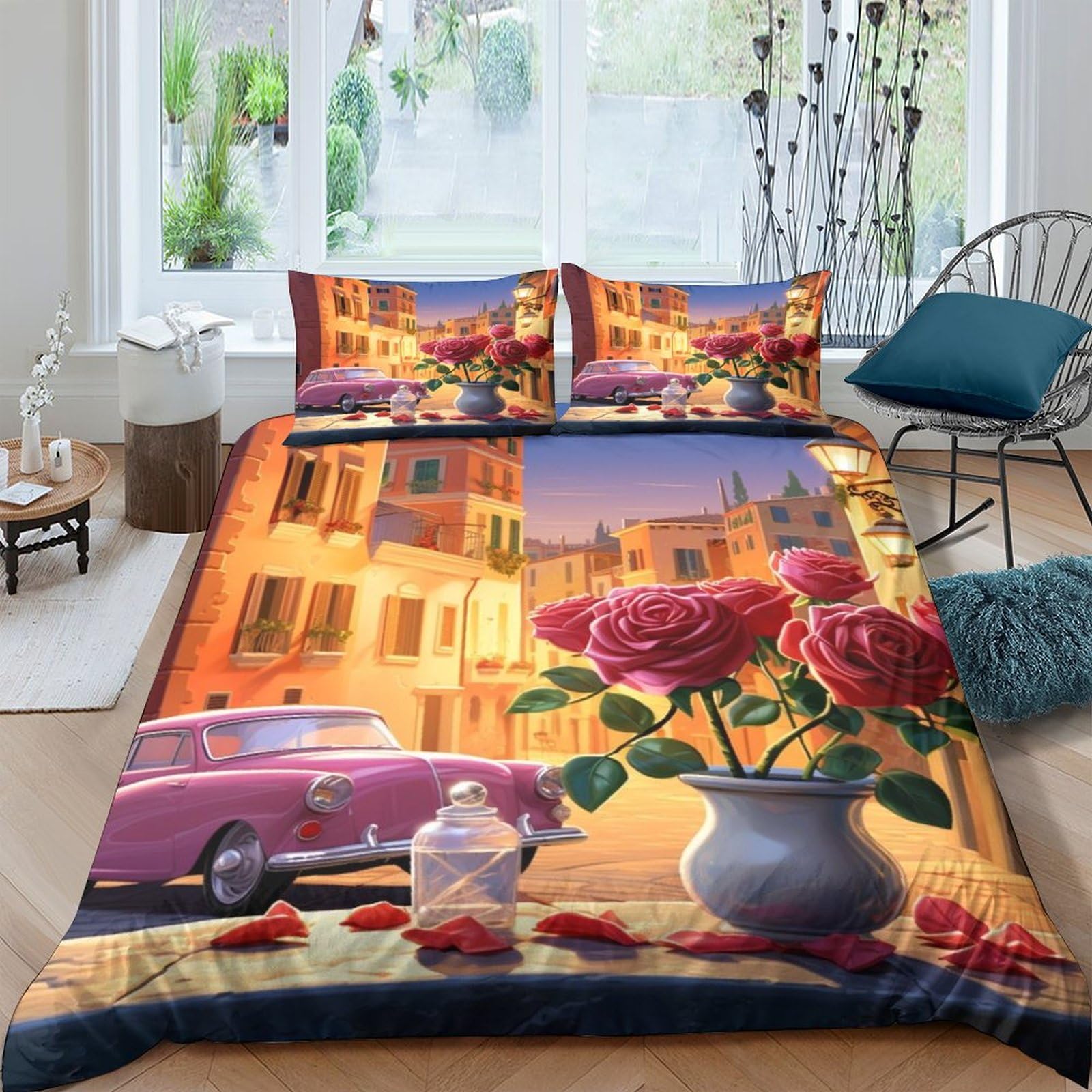 Housse de couette roses et voitures pour chambre d'adulte ou d'enfant lit double 200x200