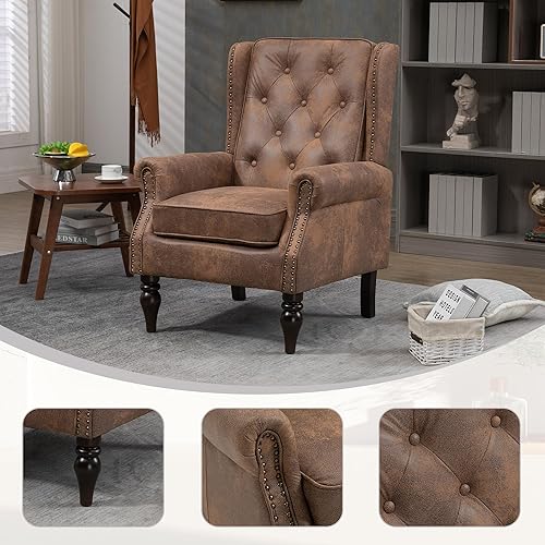 Miniatura 4 de Henf Sillón moderno tapizado con patas de madera resistentes y respaldo alto, sillón de tela para oficina, para sala de estar, dormitorio (café)