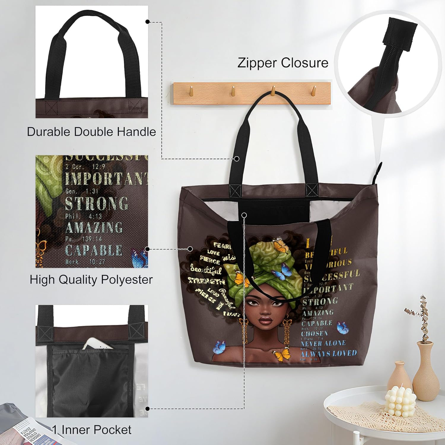 African American Black Women Tote Bag Black Girl Magic Shoulder Handbag For Work Travel Beach Shopping - Image 5