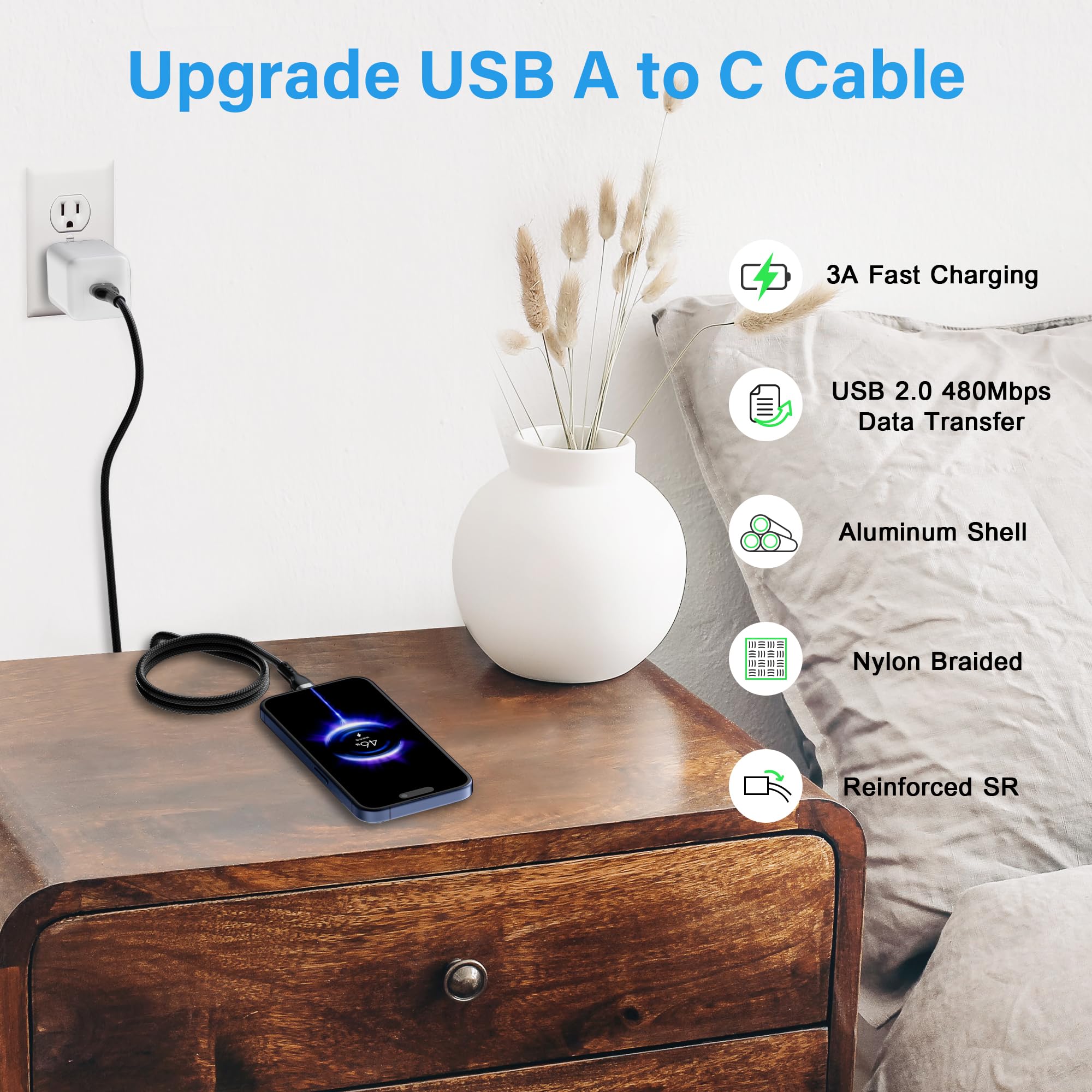 Conable Cavo da USB A a USB C (1,2 m, confezione da 20), confezione multipla in nylon da A a C, ricarica rapida 3A per iPhone 15/15 Pro/15 Plus/15 Pro Max, iPad Mini/Air/Pro, Galaxy S23, LG, nero