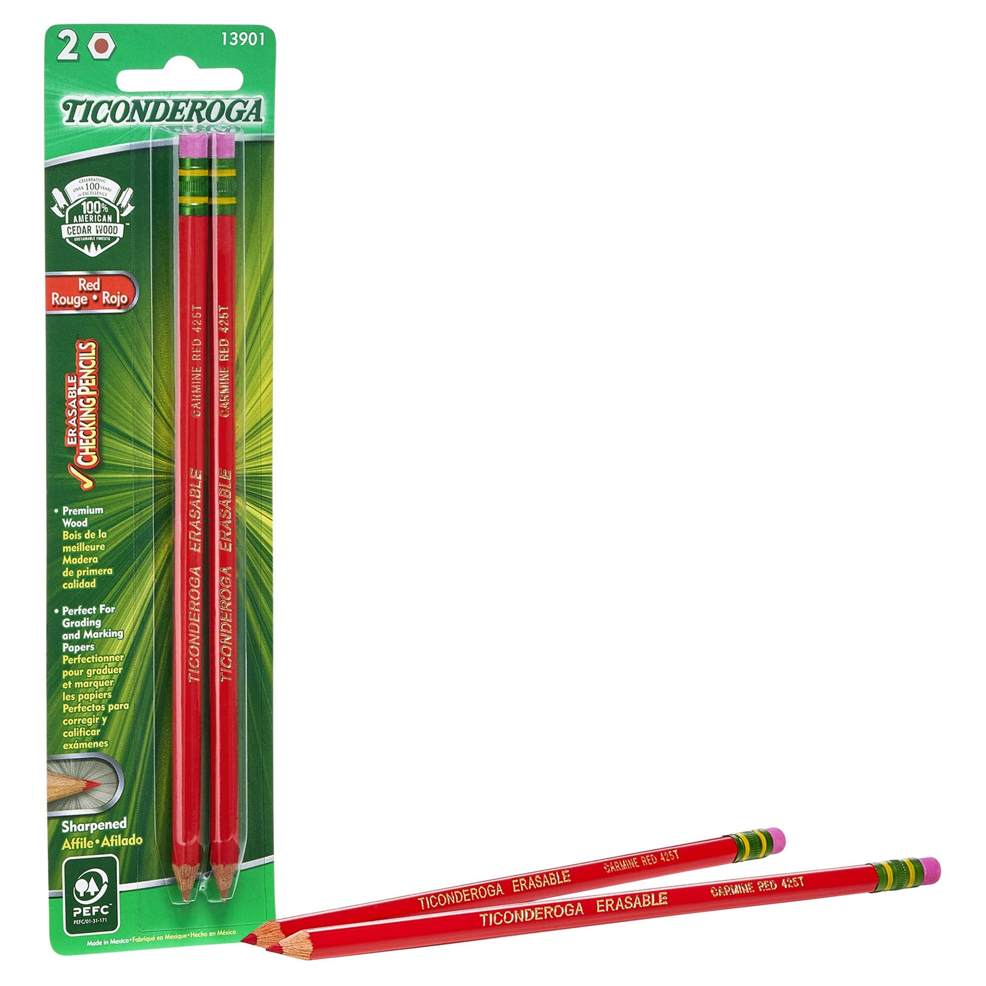 TiconderogaErasable Checking Pencils, Pre-Sharpened with Eraser, Red, Pack of 2 (13901)