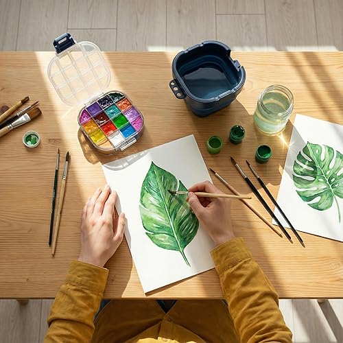 Miniatura 5 de DUGATO Paleta hermética de acuarela (16 pozos) con tapa y lavabo plegable para pinceles, ahorrador de pintura portátil para acrílico, gouache, óleo,