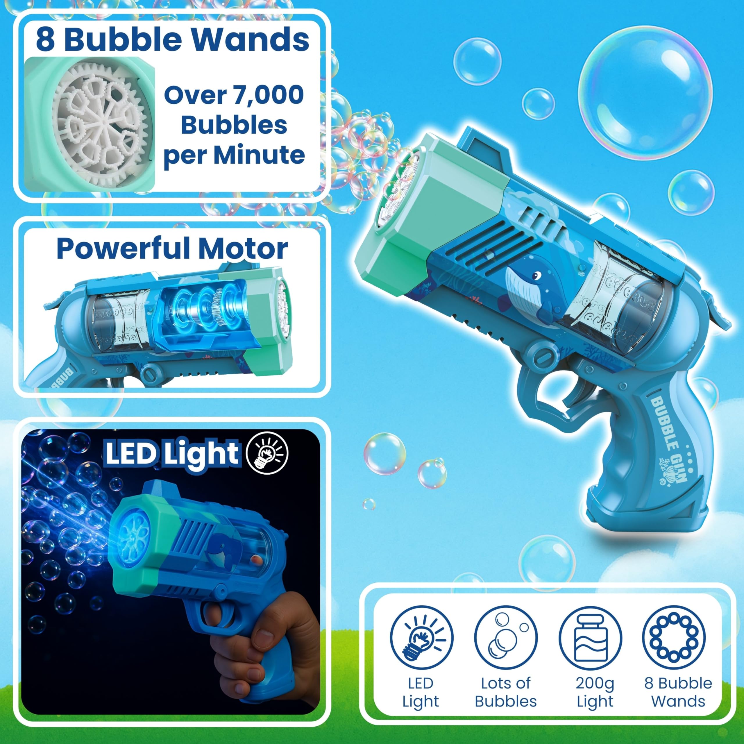 Blubbel Pistolet do Baniek, Maszyna z LED, Zbiornik 80ml, Armata Bańkowa, Powietrzna Bazooka, Prezent dla Dzieci, Na Wesele