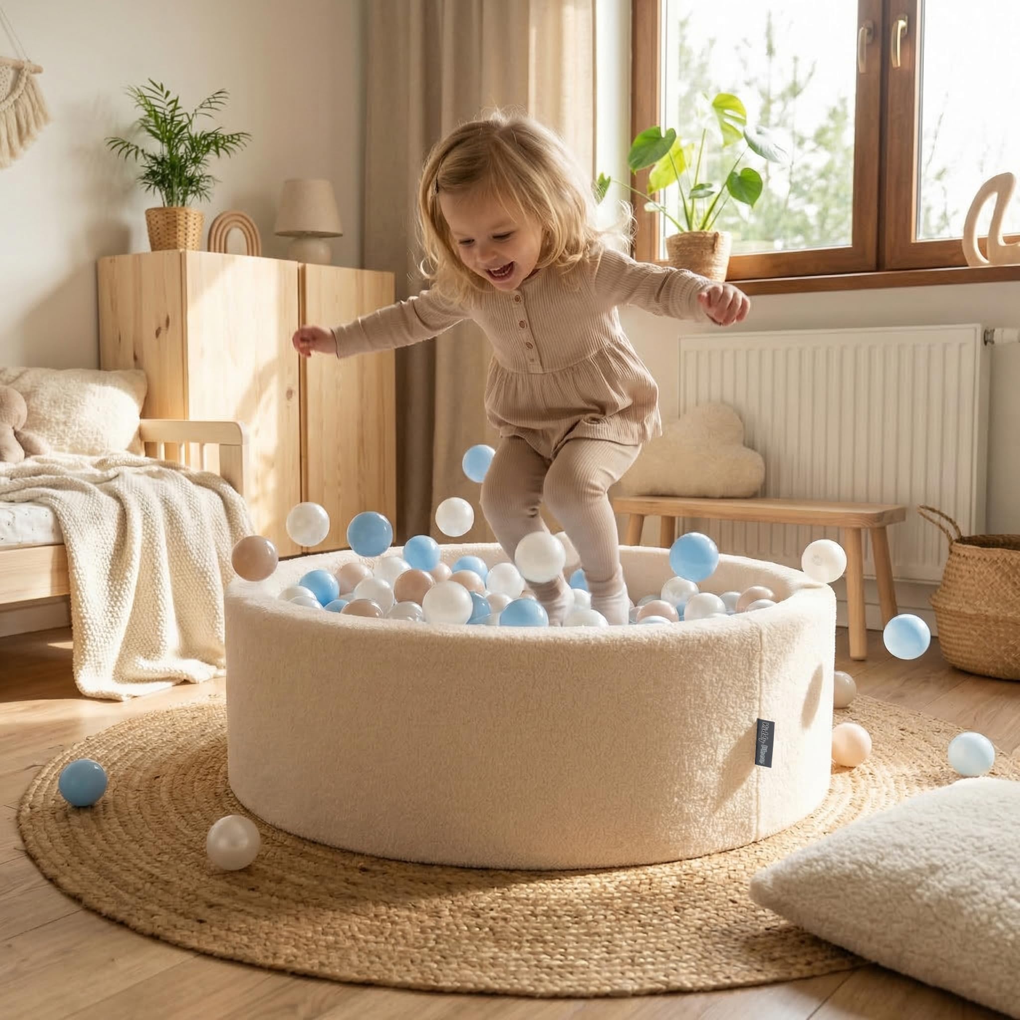 KiddyMoon Bällebad Für Baby Mit Teddy-Plüsch, Größere 7 cm Bälle Für Eine Vollere Füllung, Ab 8 Monaten, Abnehmbarer Bezug