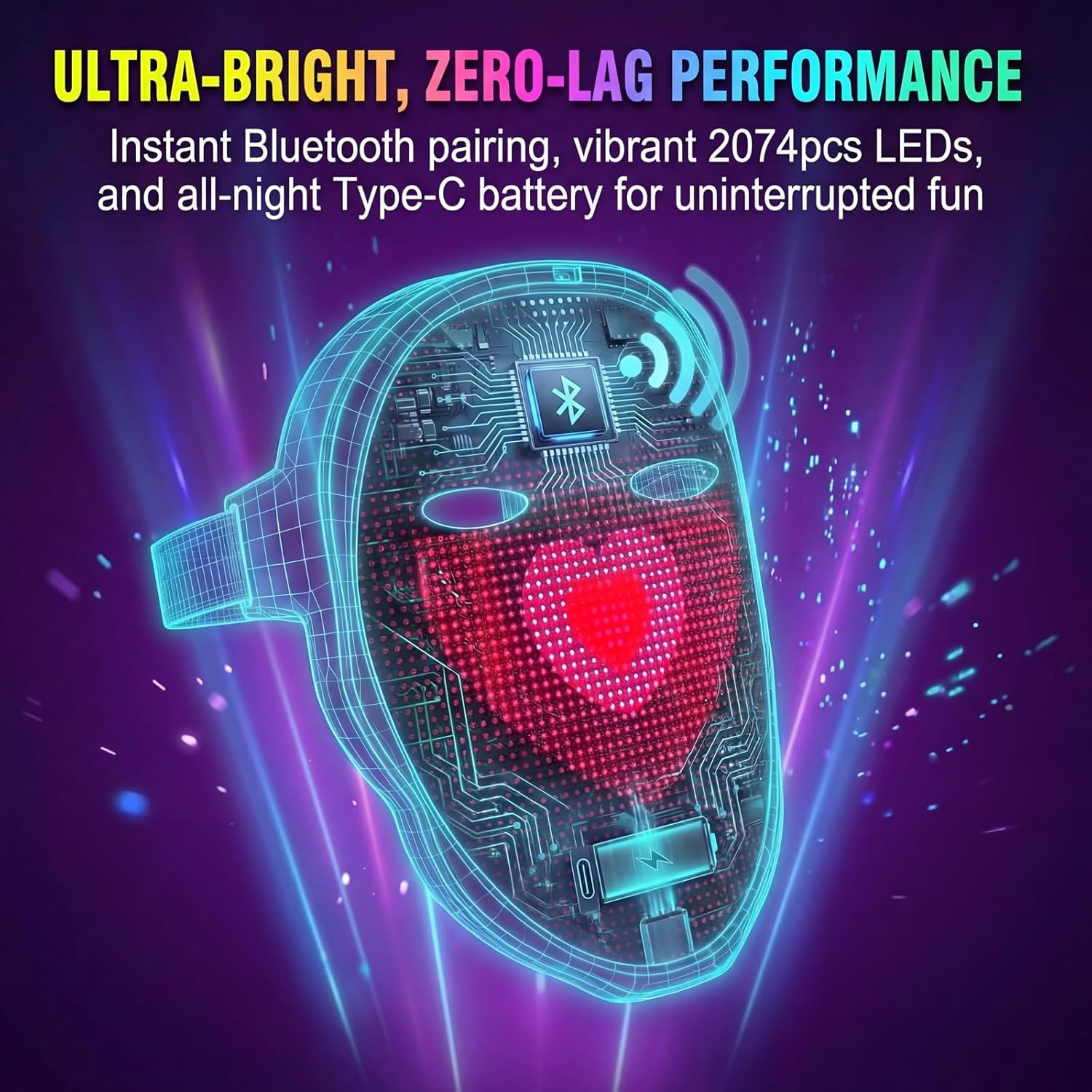 MEGOO Led Mask with Bluetooth Programmable App,Light Up Digital Face Changing Mask for Adult Kid Halloween Masquerade Party