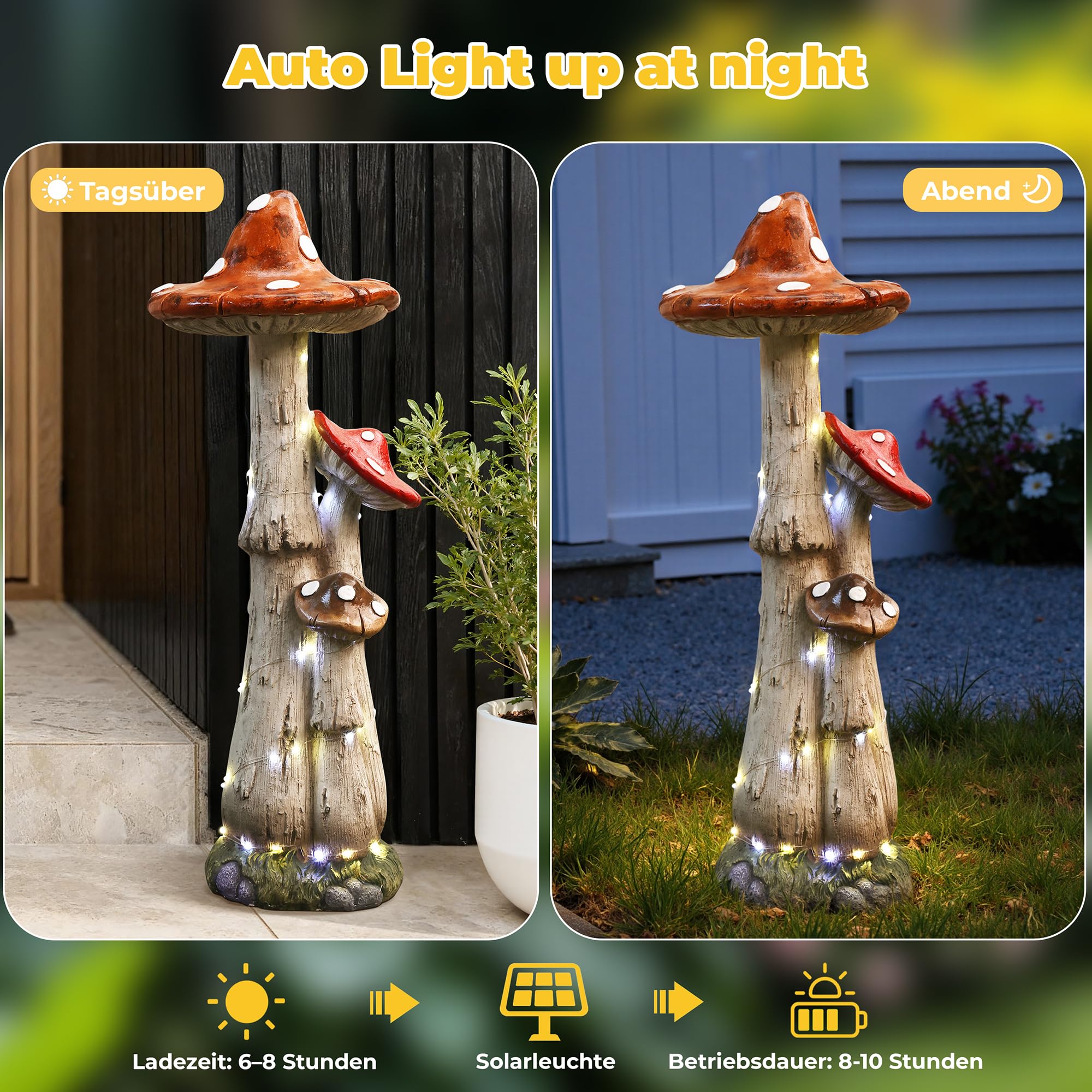Hometopia 80cm Solar Gartenskulptur Pilz mit LED-Lichterkette – Wetterfeste Gartenfigur aus MGO – Große Pilz-Deko für Garten, Vorgarten & Terrasse Mama Oma