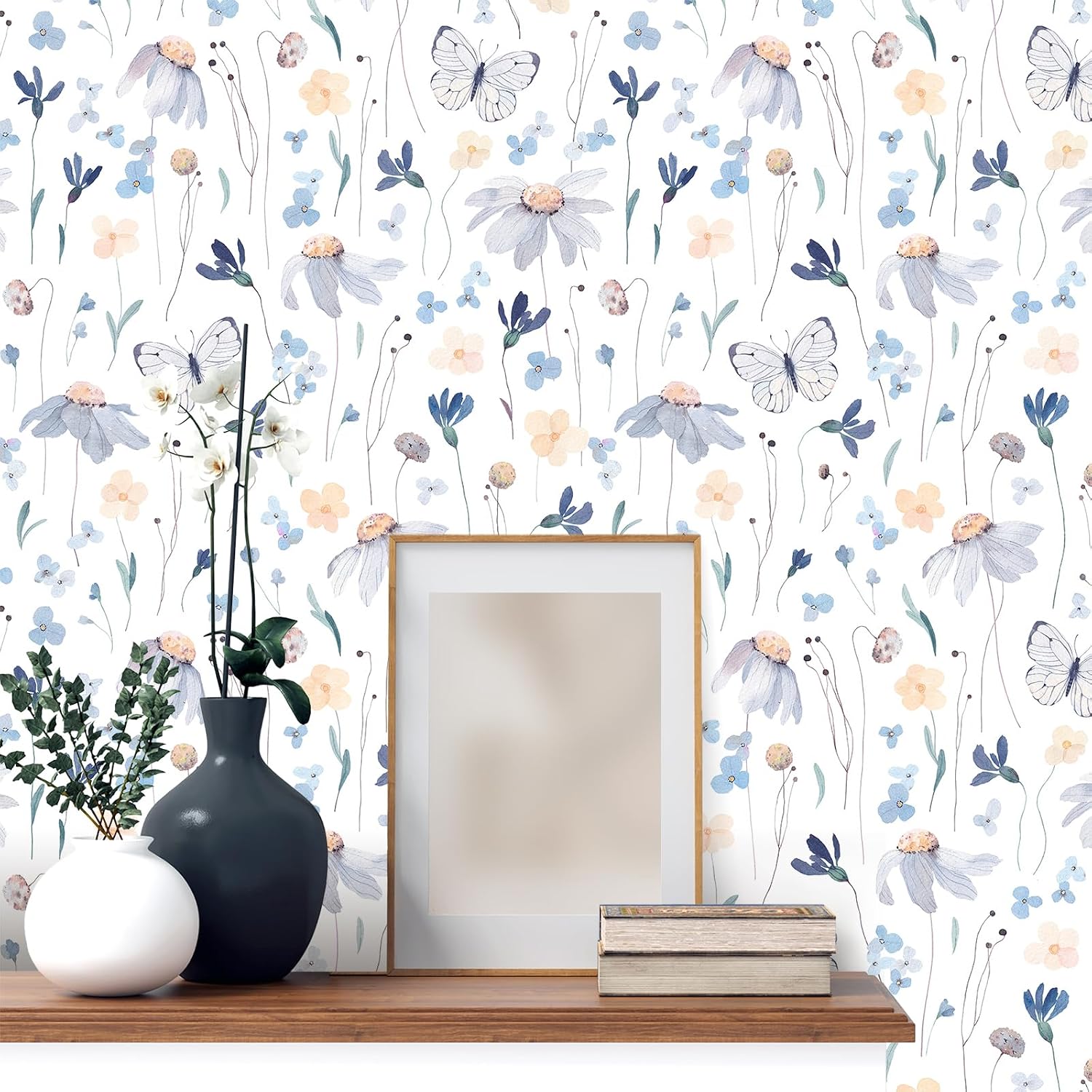 CRE8TIVE Large Size 24"x354" Butterfly Wallpaper Stick and Peel for Girls Room Watercolor Floral Wallpaper Removable Self Adhesive Yellow Blue Floral Contact Paper for Kids Bedroom Bathroom Cabinets