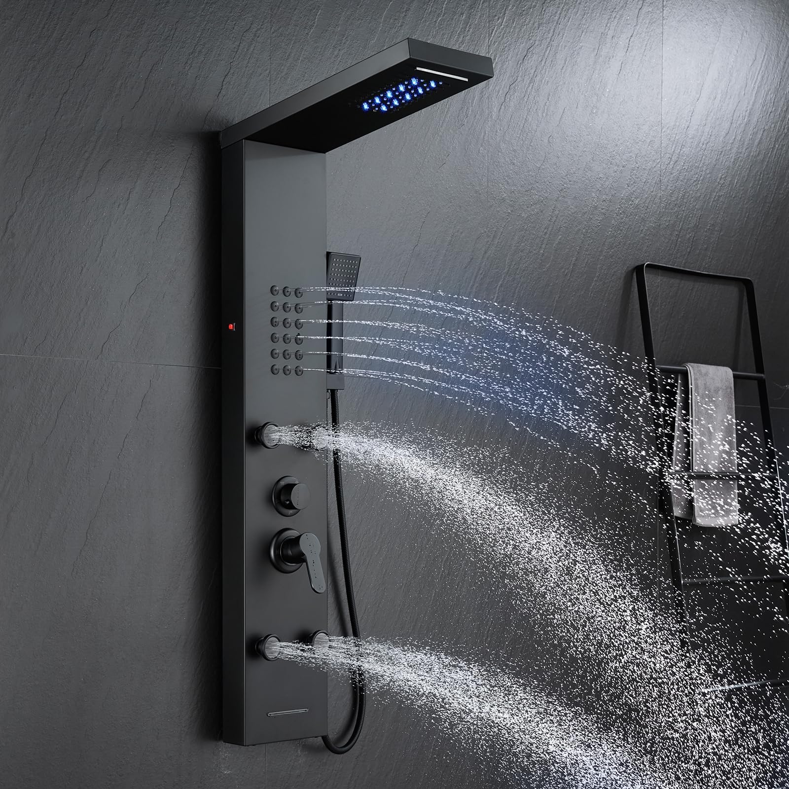 Shower Panel Tower System, LED Rainfall & Waterfall Shower Head with Body Jets, Handheld Shower & Tub Spout, Matt Black Stainless Steel Wall-Mounted Bathroom Shower Column Tower