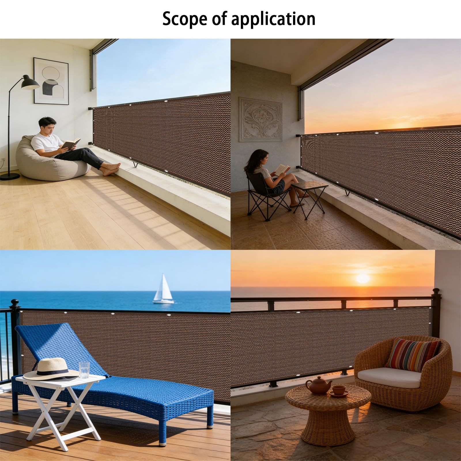 Telo Balcone 200 x 500 cm in HDPE 220G ㎡, Permeabile, Anti-Uv, Frangivento, Protezione Solare, Recinzione Copertura per Balcone con Fascette e Funi para Exterior Terraza, Marrone
