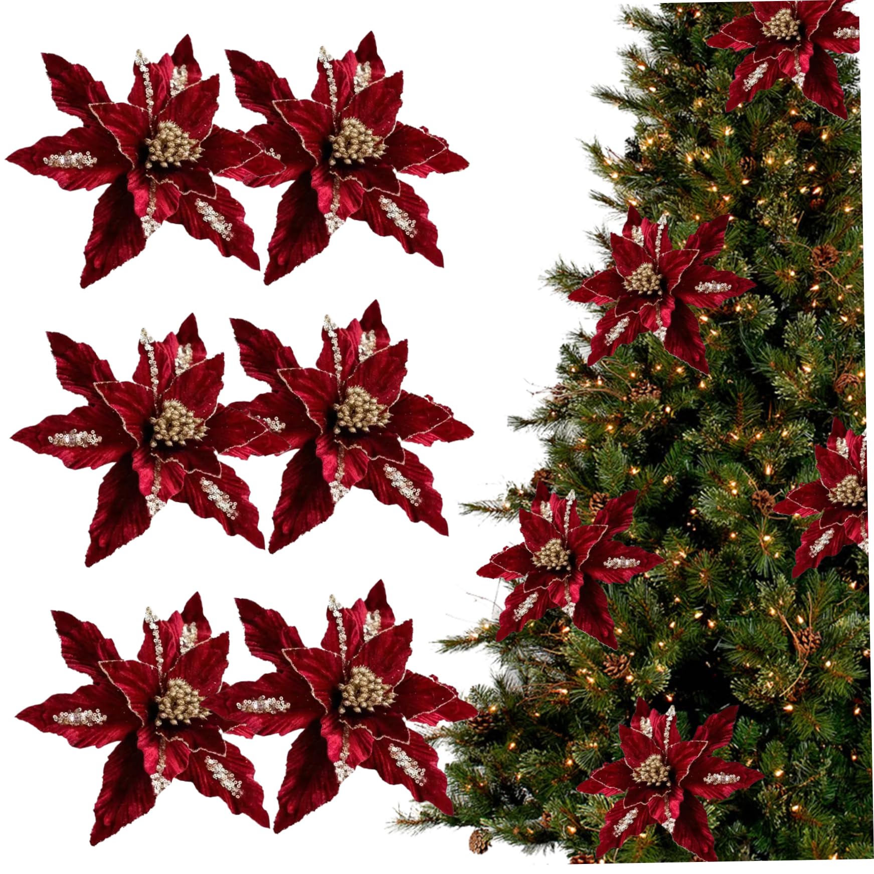 Poinsettias artificiels de Noël fleurs artificielles à paillettes rouge vin