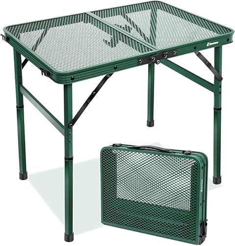 Mesa plegable pequeña de 2 pies con asa de transporte, altura ajustable de 10.6" o 22", malla de metal verde, portátil y compacta para