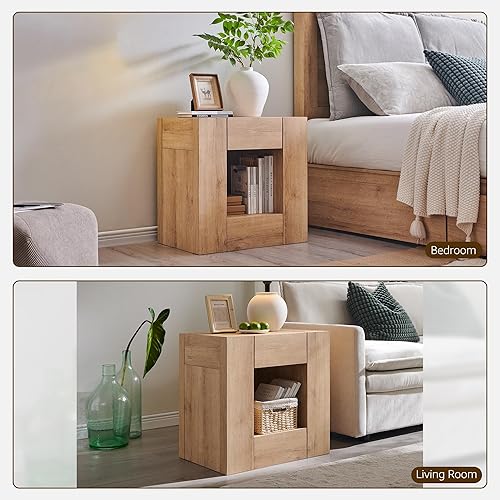 Miniatura 7 de OKD Juego de 2 mesitas de noche modernas de 24 pulgadas, mesa auxiliar de madera grande con estación de carga, cajón y estante de almacenamiento,