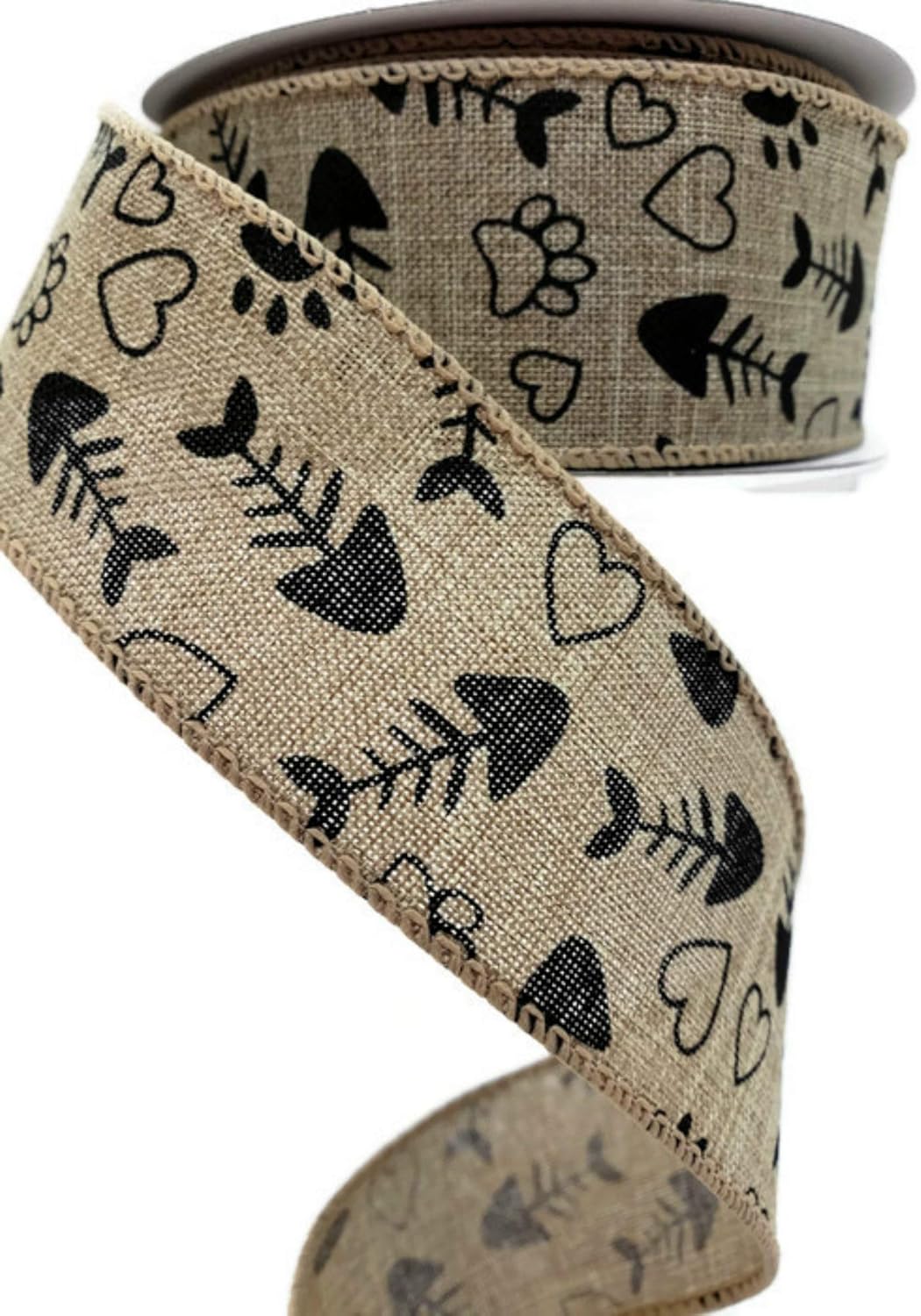 1.5" Bone Paw Print Ribbon: Natural (10 Yards) - Valentine Spring Summer Animal Lover Wired Edge Ribbon by Jascotina, Inc.