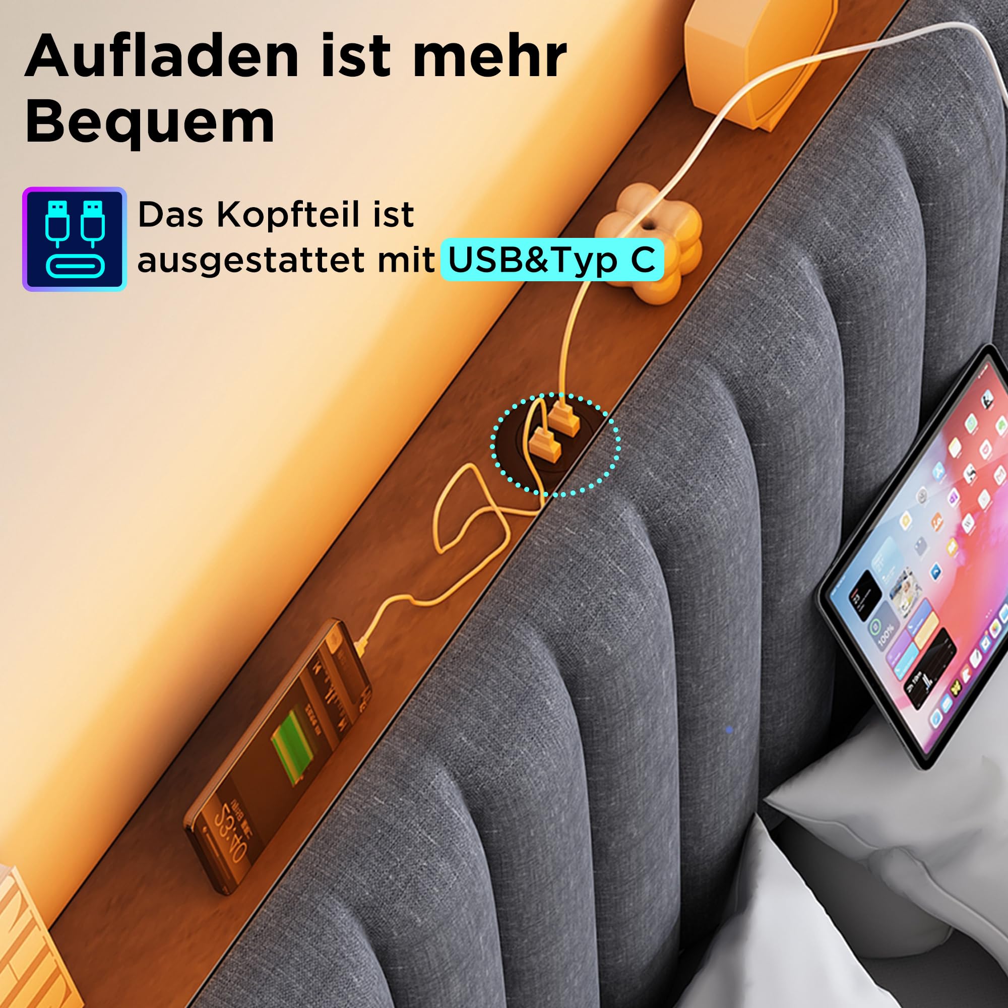 Letto imbottito idraulico con ricarica USB Tipo C e controllo tramite app LED bed matrimoniale testiera regolabile con vano portaoggetti letti contenitore ospiti grigio con materasso 140x200 cm