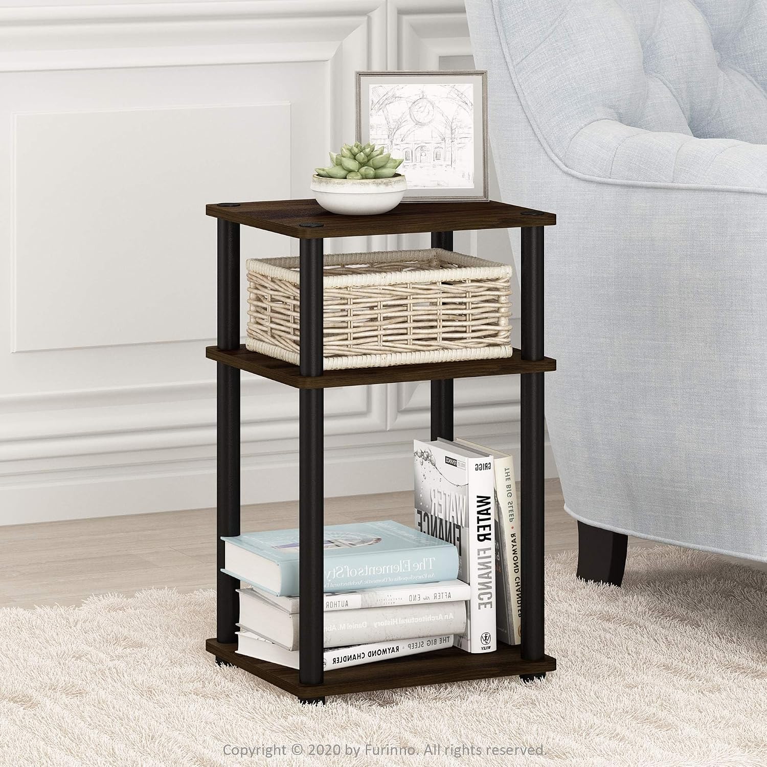 Pemberly Row Turn-N-Tube 3-Tier End Tables, Columbia Walnut and Black Finish, Engineered Wood, Set of 2, Petite Size Rounded Corner Design, Small Space Living Room or Bedroom Furniture