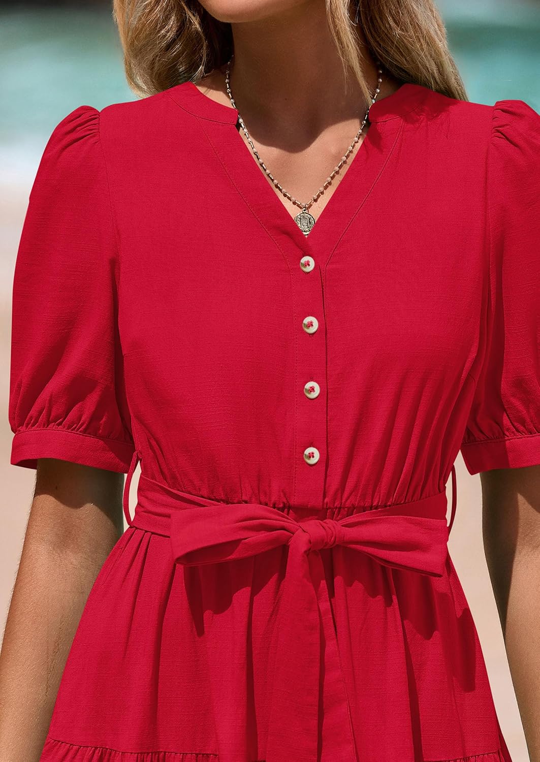 PRETTYGARDEN Summer Dresses for Women 2026 Elegant Classy Short Sleeve V Neck Ruffle A Line Belted Long Beach Vacation Dress - Image 5