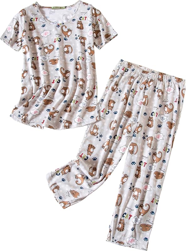 PNAEONG Conjunto de pijama feminino com blusa de manga curta e calça capri
