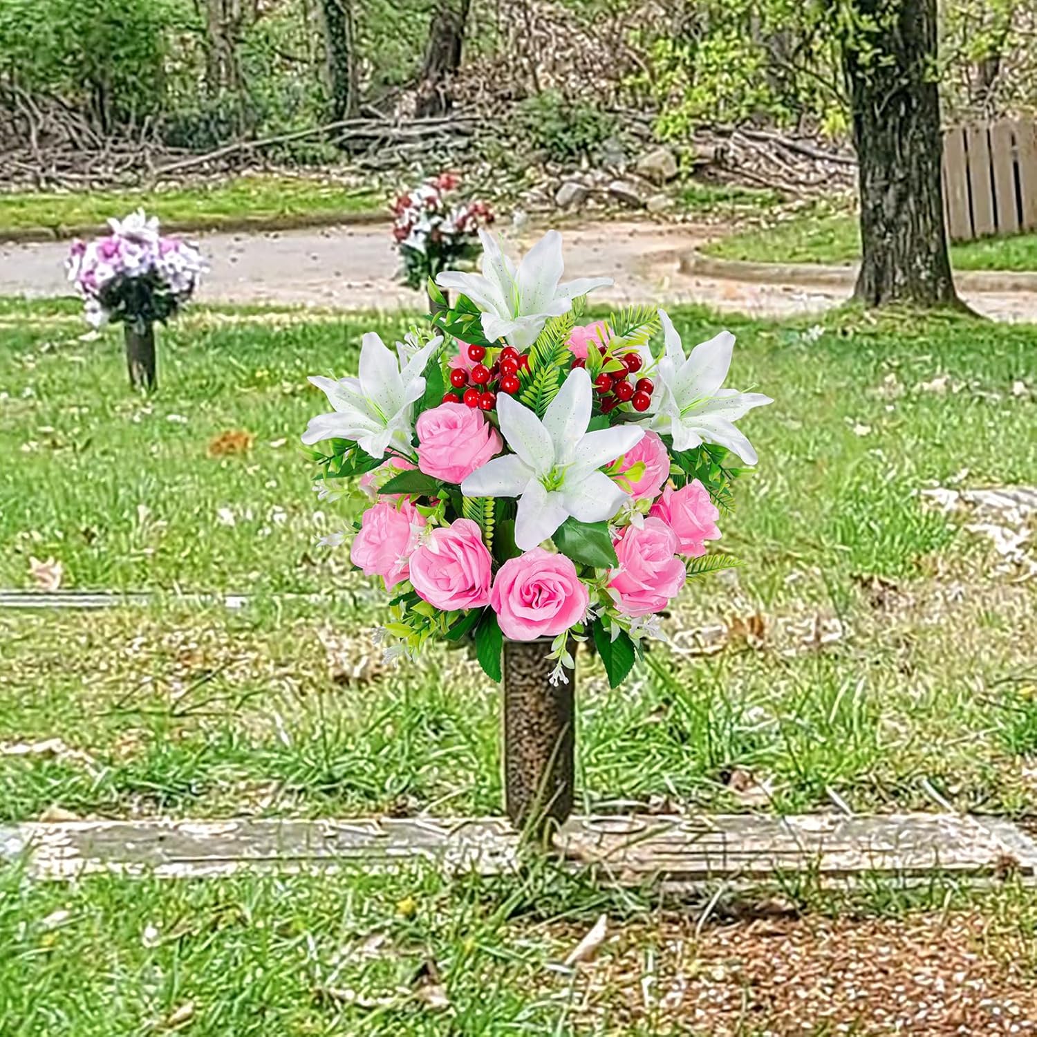 Artificial Cemetery Flowers with Vase, Set of 2 Rose Lily Bouquet Graveside Decoration, Artificial Memorial Flowers for Easter Mother's Day Arrangements