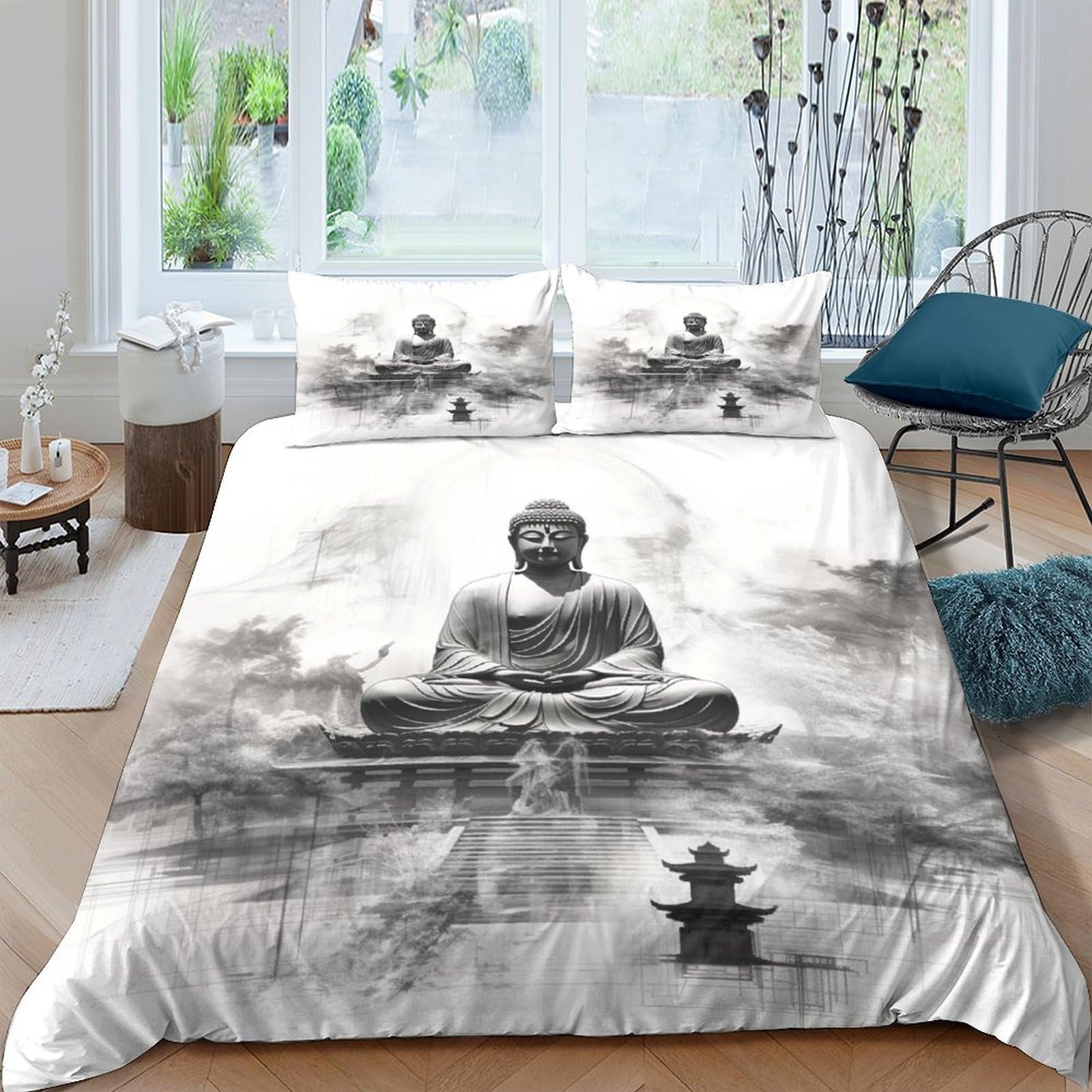 Buddha 3D Set Di Biancheria Da Letto Per Adulti E Bambini,3 Pezzi Per Letto Singolo,Matrimoniale,Grande Size,con Buddha Copripiumino E Federa,Microfibra,con Lampo Doppio（200x200cm）