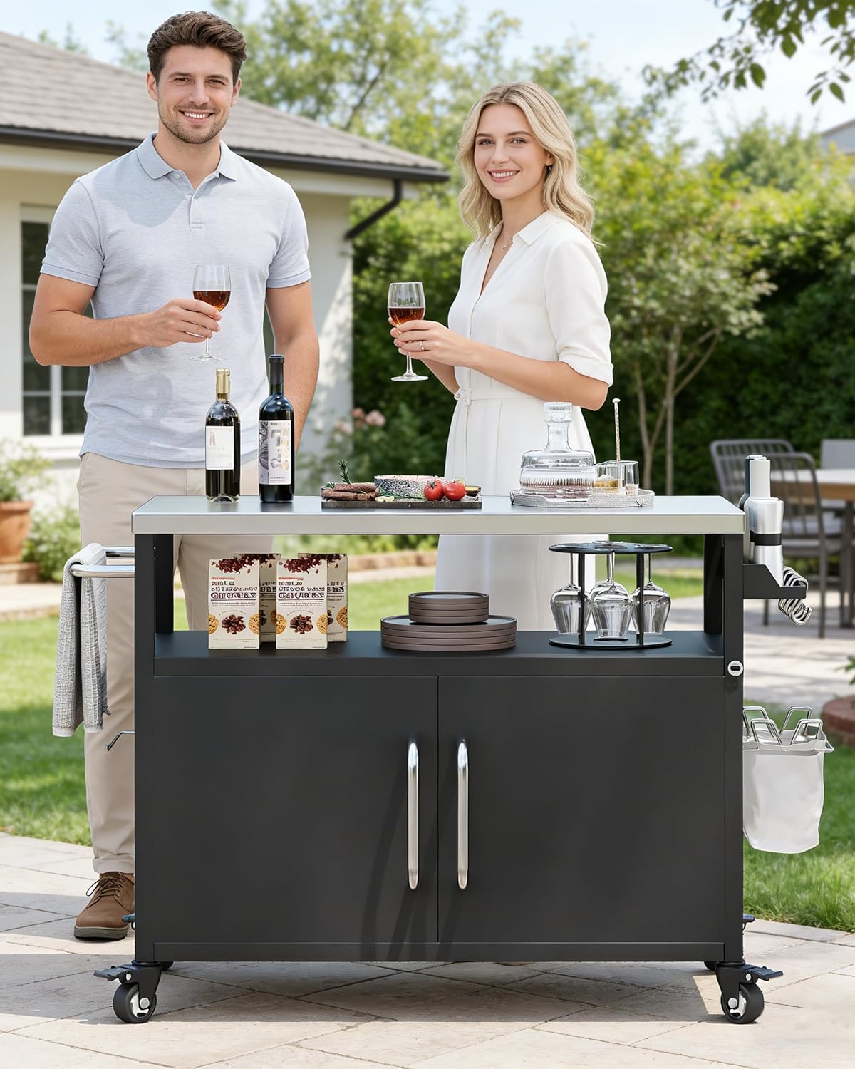 Outdoor Grill Cart with Stainless Steel Tabletop and Storage Cabinet, 54.5" Mobile Metal Kitchen Island with Towel Rack & Spice Rack & Spice Rack for BBQ, Waterproof Cover Included, 54.5"