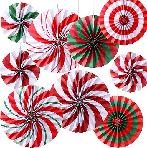 9 abanicos de papel colgantes de caramelo para fiesta de Navidad, decoración de aula de Navidad, guirnalda de abanicos de papel colgantes para