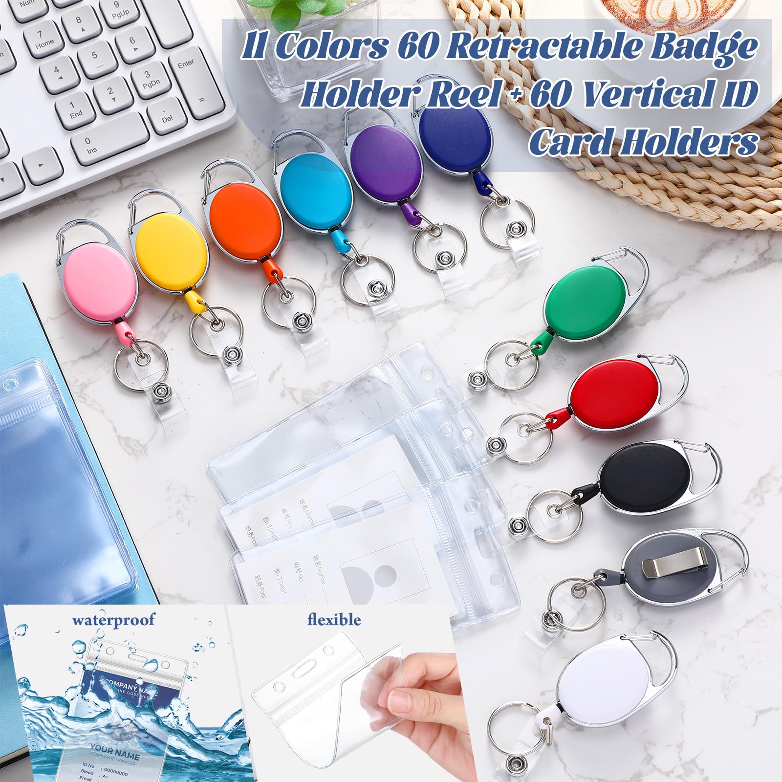 Laumoi Carrete retráctil resistente con clip para cinturón y soportes verticales impermeables para tarjetas de identificación para identificación (11 colores)