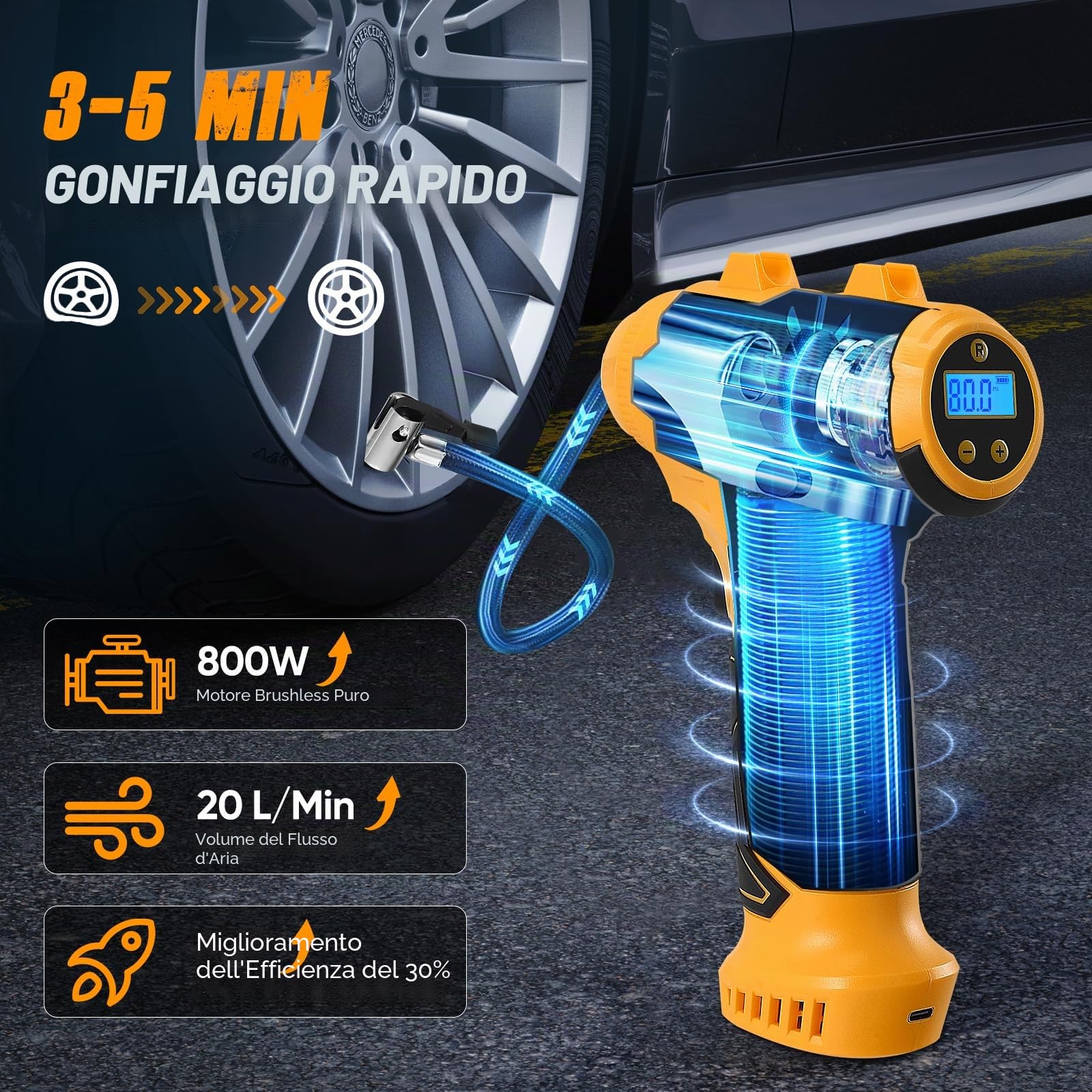 Pompa ad Aria Elettrica Compressore a Batteria per Bicicletta, Portatile, Display Digitale, Spegnimento Automatico, USB-C