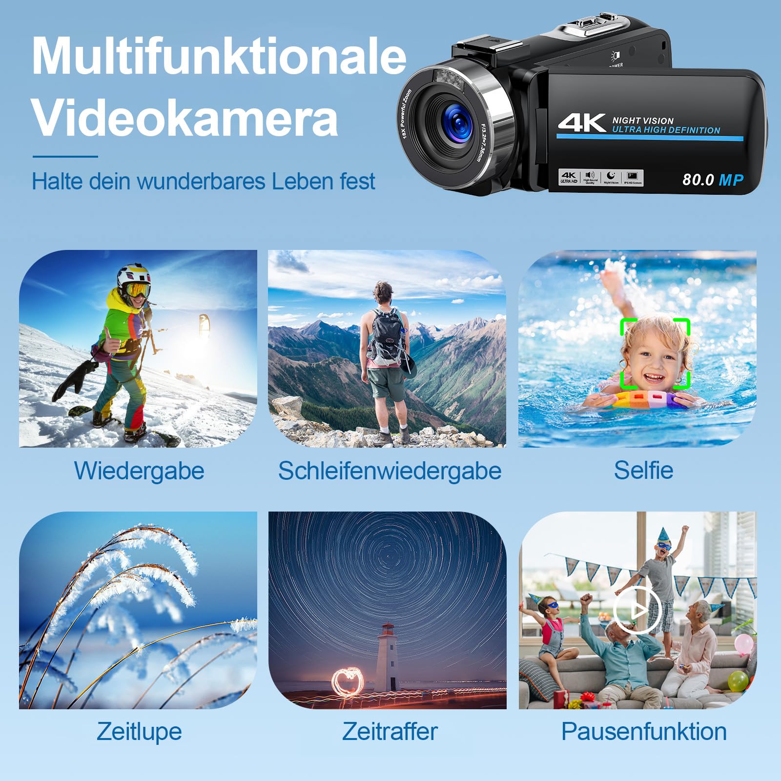 Videokamera 4K Camcorder 80MP 30FPS IR Nachtversion Vlogging Kamera 3.0-Zoll IPS Bildschirm 18X Digitalzoom für YouTube
