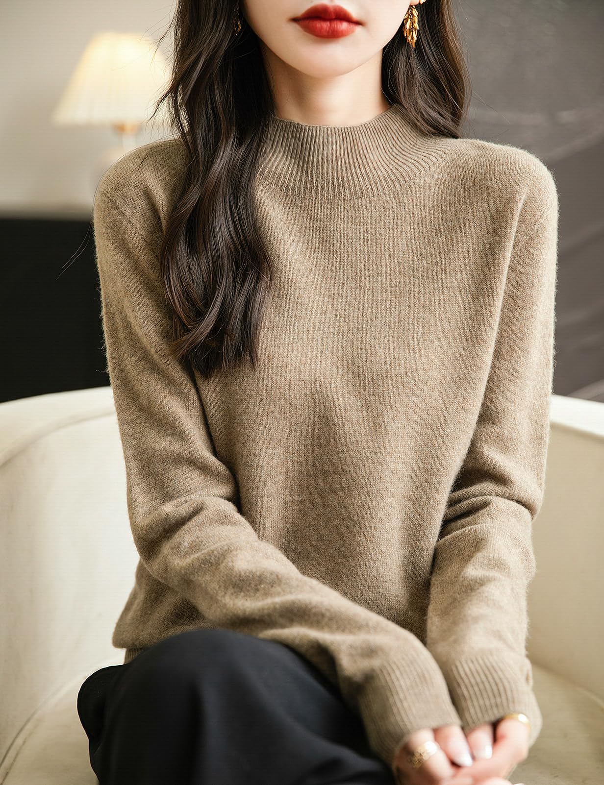 Chanyarn 100% Lana Merina Mujer Jersey de Cuello Simulado Manga Larga Suéter Primavera Otoño Sin Costura Jersey de Punto